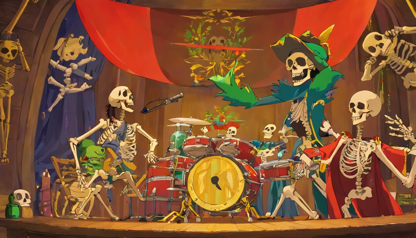 reggae, illustratio,Matte Effect[Matte Fukuto][Matt Fukuto], artistic,Singing, microphone, alcohol,skull, captain, Reggae skeletons are singing,livestream, banquet,wall paintings, goblet, a pirate, Skeleton Mask