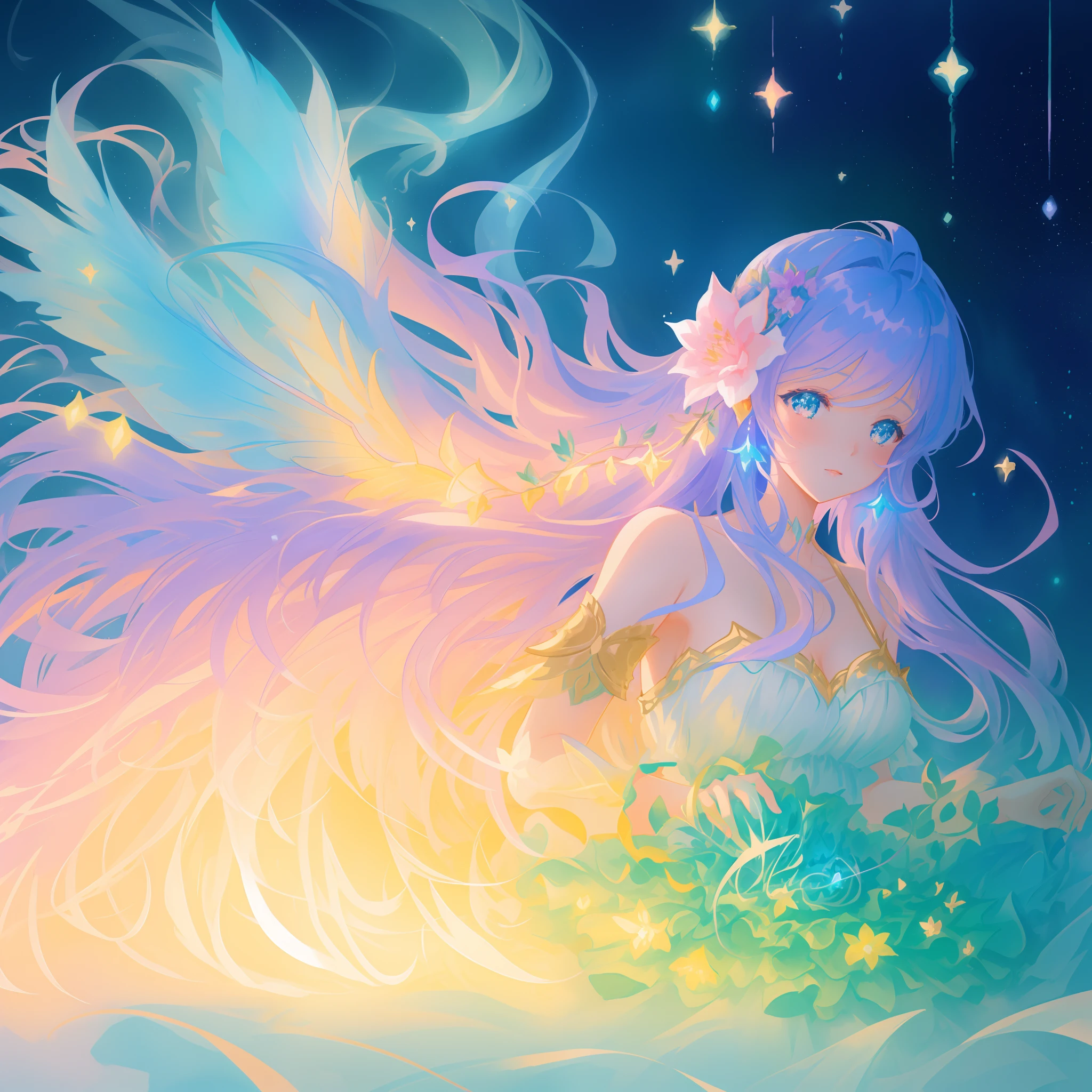 beautiful girl in flowing ballgown dress, (glowing fairy wings), glowing flowing ballgown, long wavy hair, sparkling fairy wings, watercolor illustration, flowers and colorful plants, inspired by Glen Keane, inspired by Lois van Baarle, disney art style, by Lois van Baarle, glowing aura around her, by Glen Keane, jen bartel, glowing lights! digital painting, flowing glowing hair, glowing flowing hair, beautiful digital illustration, fantasia otherworldly landscape plants flowers, beautiful, masterpiece, best quality, anime disney style, fairy queen