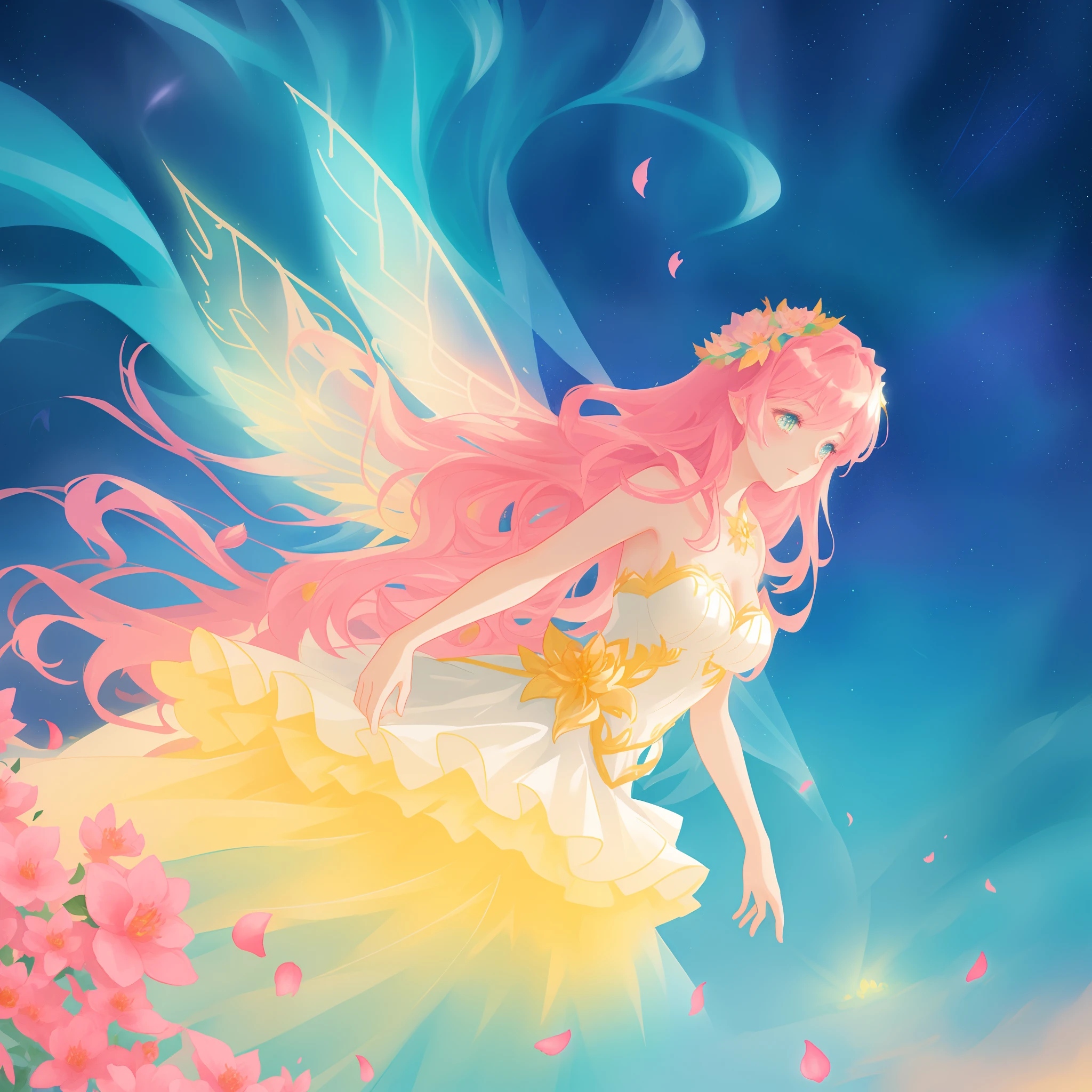 beautiful fairy girl in a sparkling layered dress, long flowing pink peach red hair, (large sparkling colorful fairy wings on her back), colorful fantasia background, watercolor illustration, disney art style, glowing aura around her, glowing lights, beautiful digital illustration, fantasia otherworldly landscape plants flowers, beautiful, masterpiece, best quality, anime disney style