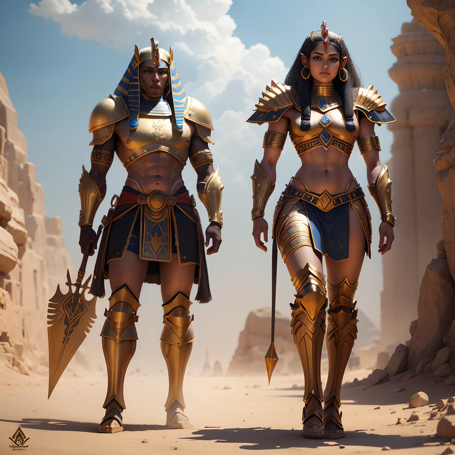 Egyptian Sphinx warriors in realistic 4K armor, full entire body,Super Detailed, Vray Display, Unrealistic engine, Midjourney Art Style.