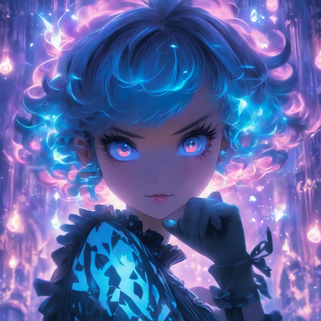 Short haired androgynous gothic ta with blue and purple hair casting glowing soul spells while wearing a gothic loliutfit