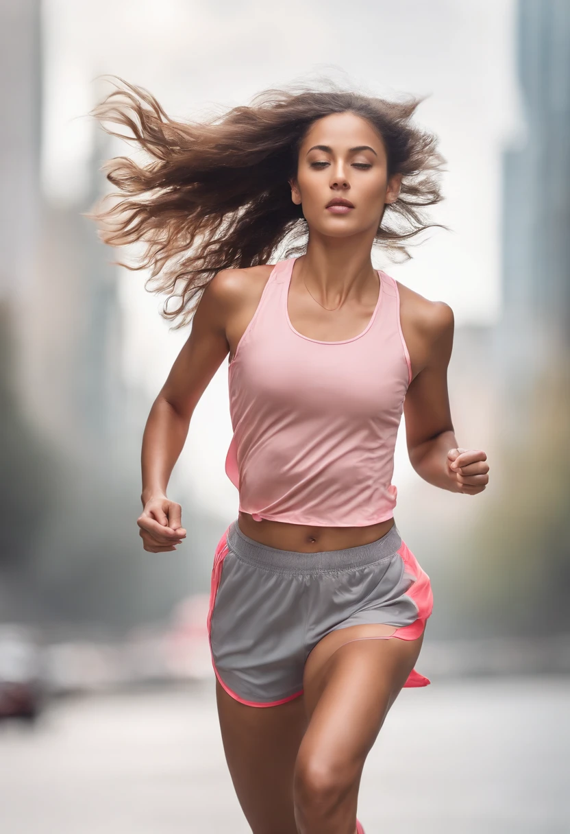 1 girl, solo, running, Gray Track Top, pink shorts, ponytail, athletic build, dynamic brushstrokes, fluid movement, capturing the essence of her athleticism and energy, using light colors and soft tones to create a dreamy and ethereal atmosphere, portraying the motion and grace of running, showing the wind blowing her ponytail and clothes, and the scenery of her surroundings.
outdoors, detailed background, Modern metropolis,