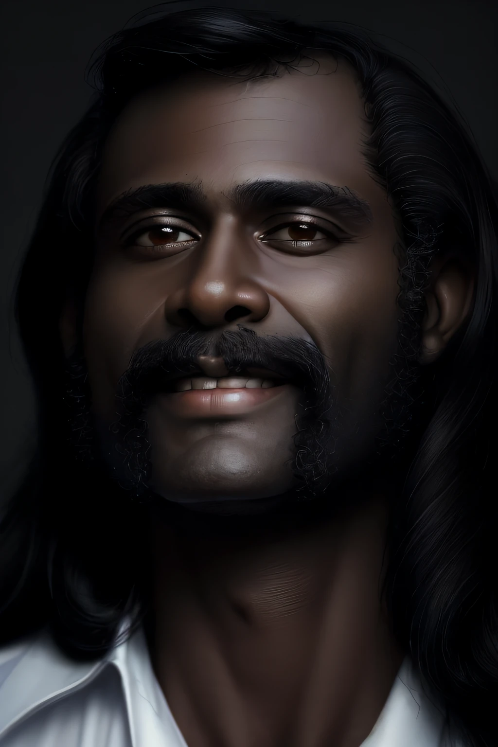 masterpiece, realistic, 8k, (1man:1.3), cuban man, police detective in America from the 1980s, (very skinny:1.2), (brown skin:1.1), (long black hair:1.3) (side-burns:1.1), (mutton-chops:1.2), smiling, full body, lady's man