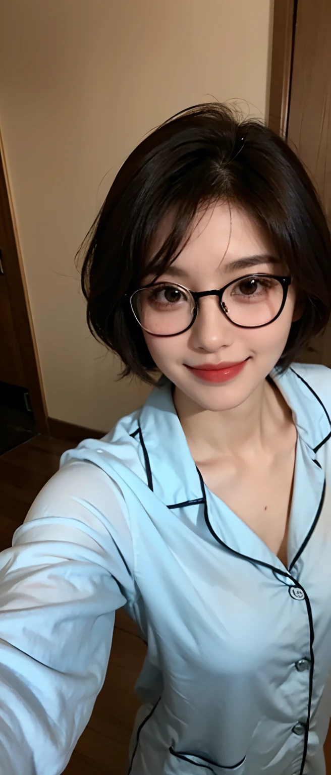 Beautiful woman with glasses、Round glasses、Thin Edge Glasses、Fat body、Looking directly at the camera、A smile、selfee、short-hair、inside in room、Cute Pajamas、Relaxing、Black eyes