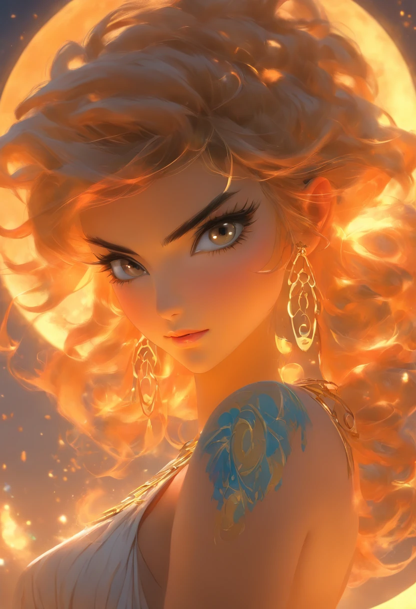 (((sexy woman))) best quality, ultra-high resolution, 4K detailed CG, master piece,Astarte,Arab woman,short hair,((Winging Moon Head)),((Winging Moon Circle)),Earrings , necklace, Arab clothing, Phoenician mythology, Arabic painting style, aesthetics, Beautiful image, depth of field, centered on canvas