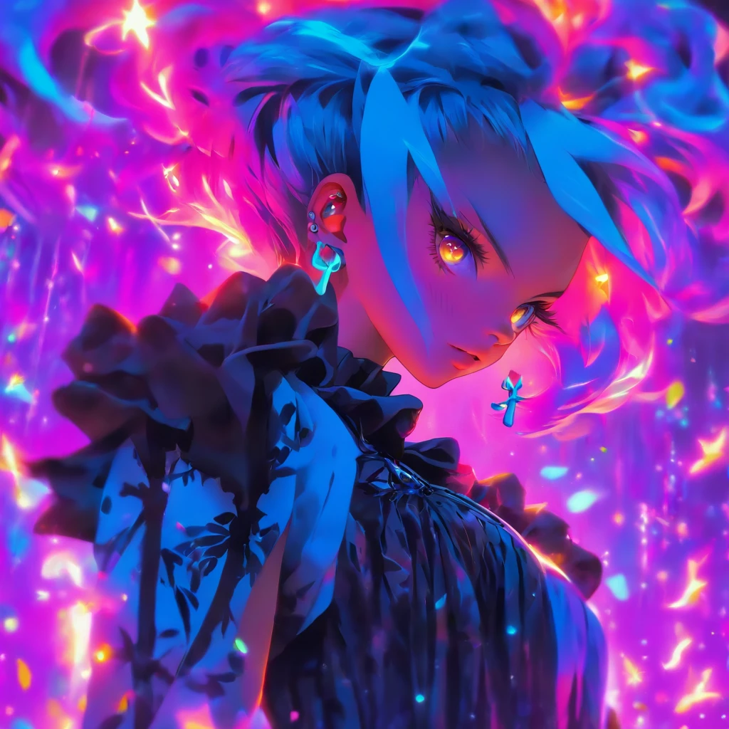 shaved haired androgynous gothic lolita with blue and purple hair casting glowing soul spells while wearing a gothic lolita outfit