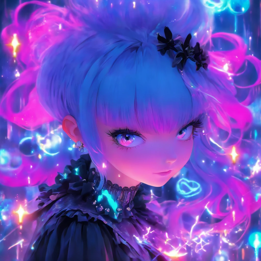 shaved haired androgynous gothic lolita with blue and purple hair casting glowing soul spells while wearing a gothic lolita outfit