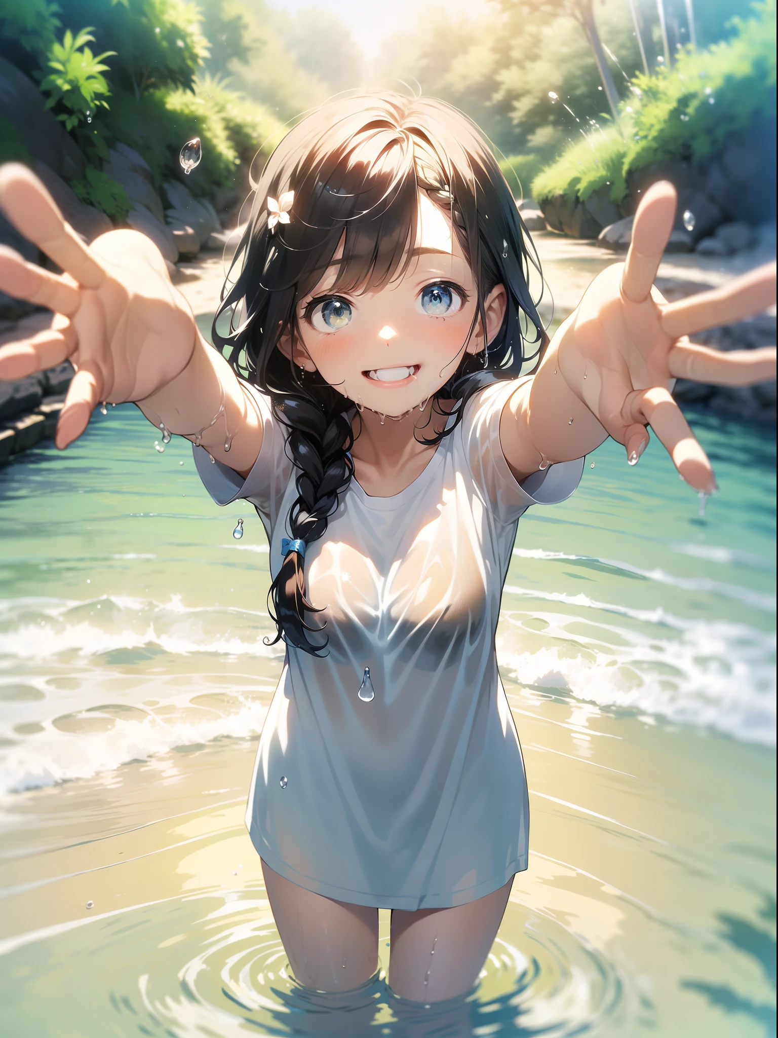 in 8K、top-quality、masterpiece、ultra-detailliert、Ultra-high resolution、((1 persons))、girl with、makeups、Braided hair、White sandy beach、Wet white t-shirt、((wetting hair))、wetted skin、((water dripping))、spreading arms widely、A smile、
