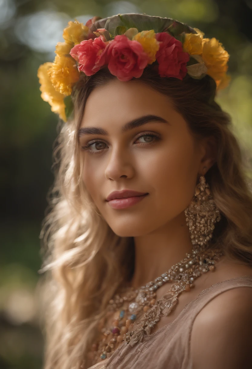 Portrait of Beautiful -yeld Mean woman, with blonde hair,brown eyebrows and green eyes, and slightly red lips, cheerful but with a tender look, beautiful and delicate smile, with a sugar skull tattoo on her face wearing a dress and headdress of colorful flowers,maximum details, high definition, vivid  colors, Hyperrealistic, rendered in High Resolution 8K,