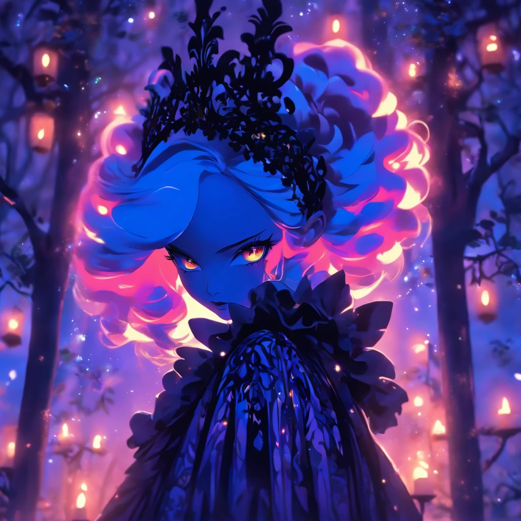 (best quality,4k,highres,masterpiece:1.2),ultra-detailed,realistic,gothic,lolita,short hair,gothic fashion,blue and purple hair,soul spells,casting spells,glowing,gothic lolita outfit,garden backdrop,enchanted atmosphere,mystical aura,moonlit night,ethereal beauty,dark elegance,porcelain skin,piercing gaze,intense expression Delicate lace,ornate patterns,frills and ribbons, Victorian-inspired accessories,elaborate headpiece,magic sigils,powerful incantations,dancing in the moonlight,fantastical landscape,subtle shadows and highlights,deep contrast of colors,velvet cloak,midnight hues,dramatic lighting,transcendent presence,whimsical and mysterious,hauntingly beautiful fairy tale,vibrant and enchanting。