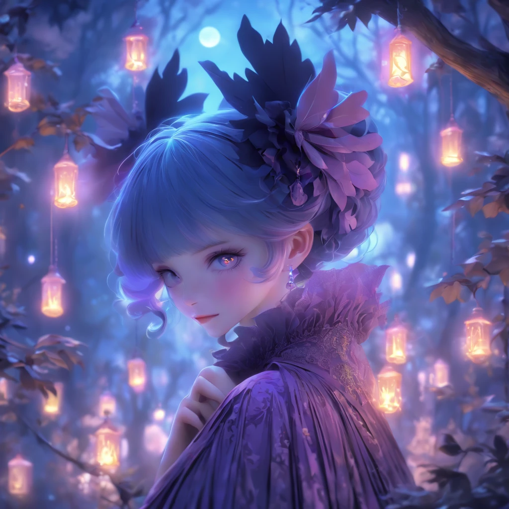 (best quality,4k,highres,masterpiece:1.2),ultra-detailed,realistic,gothic,ta,short hair,gothic fashion,blue and purple hair,soul spells,casting spells,glowing,gothic loliutfit,garden backdrop,enchanted atmosphere,mystical aura,moonlit night,ethereal beauty,dark elegance,porcelain skin,piercing gaze,intense expression Delicate lace,ornate patterns,frills and ribbons, Victorian-inspired accessories,elaborate headpiece,magic sigils,powerful incantations,dancing in the moonlight,fantastical landscape,subtle shadows and highlights,deep contrast of colors,velvet cloak,midnight hues,dramatic lighting,transcendent presence,whimsical and mysterious,hauntingly beautiful fairy tale,vibrant and enchanting。
