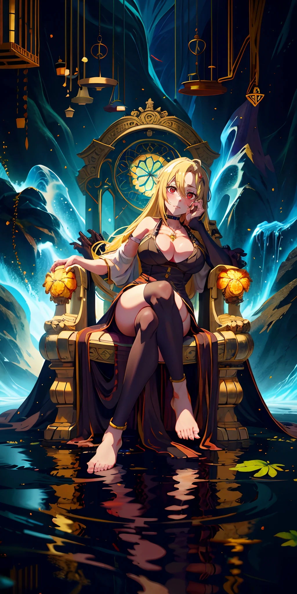 (blonde hair:1.7), red eyes, glowing eyes, masterpiece, best quality, (highres:1.4), (sagging breasts:1.4), hollow eyes, sweating, smirk, upper teeth, looking at viewer, 1girl, breasts, sitting, spread_legs, jewelry, feet, barefoot, cleavage, solo, looking_at_viewer, large_breasts, black_legwear, toes, anklet, holding, dress, water, mole, thighhighs, wide_sleeves, flower, gloves, glow effects, godrays, Hand drawn, render, 8k, octane render, cinema 4d, blender, dark, atmospheric 4k ultra detailed, cinematic, Sharp focus, big depth of field, Masterpiece, colors, 3d octane render, 4k, concept art, trending on artstation, hyperrealistic, Vivid colors, extremely detailed CG unity 8k wallpaper, trending on CGSociety, Intricate, High Detail, dramatic,