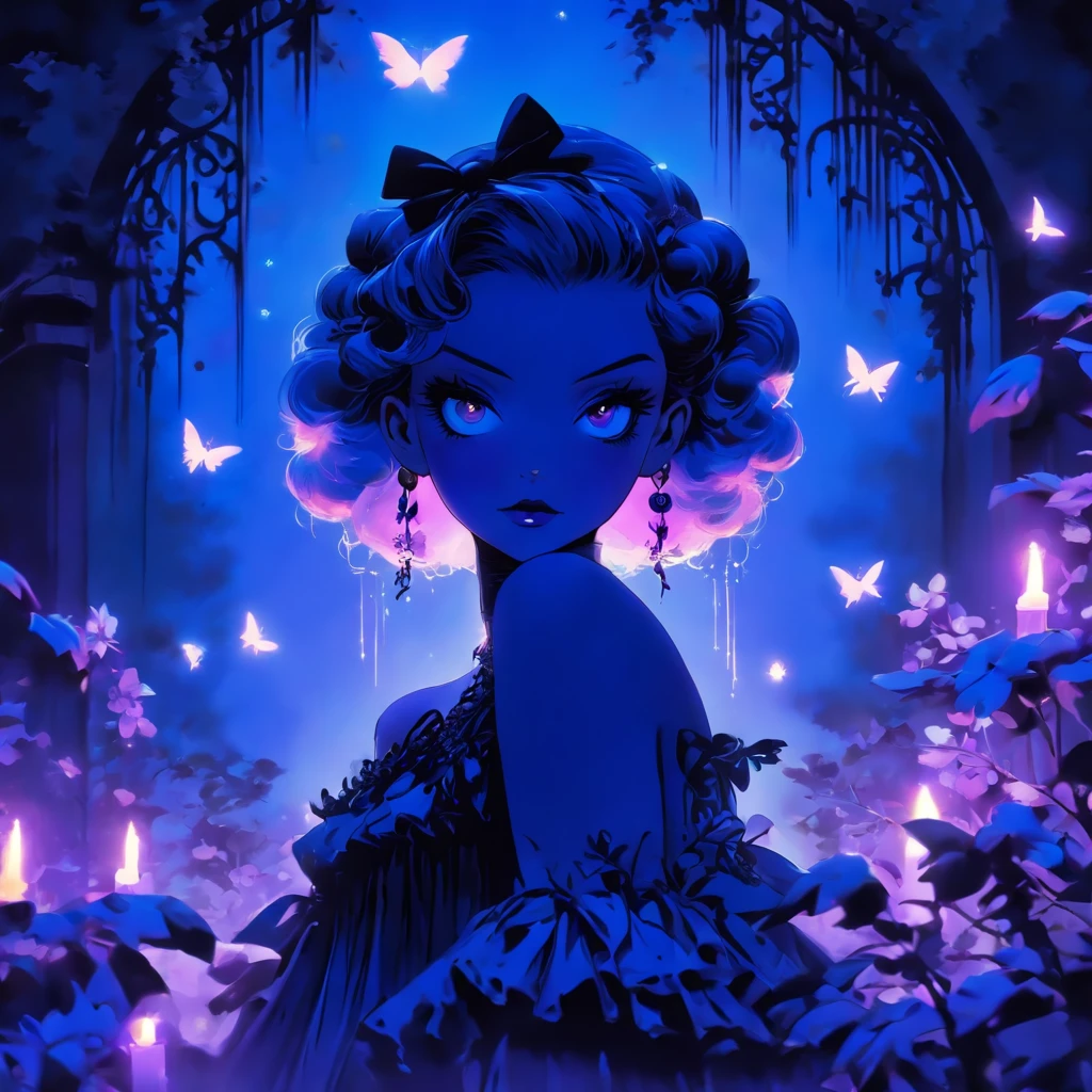 (soulful, ethereal) A shaved-haired androgynous gothic lolita with vibrant blue and purple hair casting mesmerizing glowing soul spells. She is adorned in a captivating gothic lolita outfit, adorned with lace and ruffles. Her ensemble features a corset, a poofy skirt, knee-high socks, and chunky boots. The intricate details of her outfit, like the delicate lace trim and the bow embellishments, are extremely well-defined. Her eyes, captivating and full of wonder, are exquisitely detailed, with long, curled eyelashes and vibrant hues of purple and blue. Her lips, soft and inviting, possess a subtle shade of crimson. The atmosphere around her is surrounded by an air of mystery and enchantment.

Her surroundings are engulfed in an otherworldly aura and a dim, ethereal light. The colors, vivid and vibrant, emphasize the magical nature of her spellcasting. The scene is set in a moonlit garden, with beautiful blooming flowers in an array of mystical hues, enriching the surreal ambiance. The garden is filled with ancient stone statues and overgrown vines, giving it a sense of forgotten beauty. The backdrop reveals a starry night sky, with a full moon shining brightly, casting an even more dramatic glow. The combination of the moonlight and the glowing soul spells create an enchanting visual spectacle.

The image quality is of the utmost importance in capturing the rich details and capturing the audience's attention. We are aiming for the best quality possible, with a resolution of 4k or 8k, showcasing the utmost detail and clarity. The artwork should be ultra-detailed, with realistic and photorealistic elements that bring the scene to life. The lighting in the garden should be carefully designed to emphasize the mysterious and ethereal atmosphere, with dynamic shadows and highlights that accentuate the beauty of the gothic lolita and her magical spells.

As for the artistic style, the image should encompass elements of both gothic and lolita fashion, melding the dark and wh