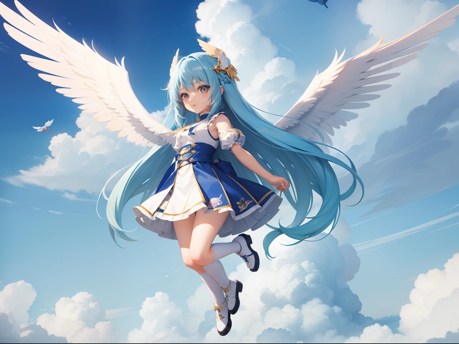 Girl Character With the Wings of an Angel、Visible flying in the sky。long hair with blue hair((Chibi Chara))、Fluffy、girl with、Chibi Chara、full body Esbian、Pastel colors hair、masutepiece、top-quality、Large in the center