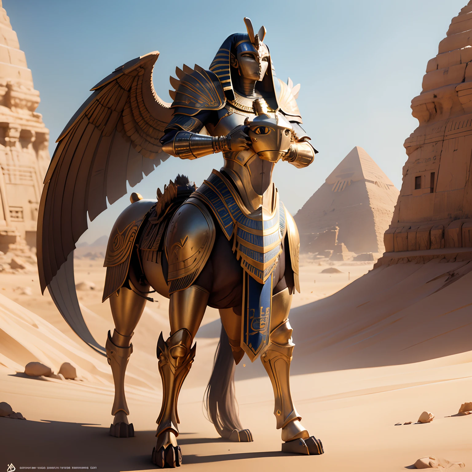 Egyptian sphinx in realistic 4K armor, full entire body,Super Detailed, Vray Display, Unrealistic engine, Midjourney Art Style.