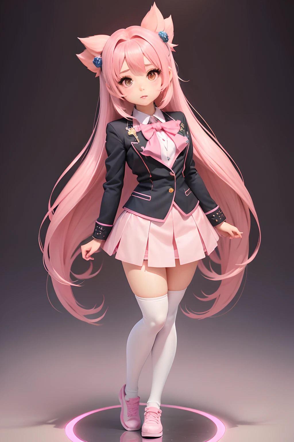 Extremely cute (Beautiful chibi anime girl), Moe new big head，Full body like，Solo, Simple background, Beautiful double tails*Pink* Hair, Beautiful detailed *Pink* High school uniform, full bodyesbian, standing, com rosto detalhado，com rosto detalhado *Pink* Eyes, The contour is sharp