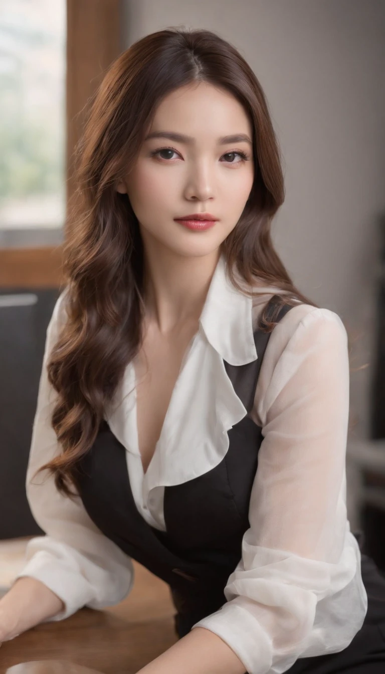 (1 woman:1.5 ) Long brown wavy hair, 20-year-old Japanese woman,Big tits, long sexy legs, Black pantyhose, Black skirt, Black high heels, White blouse, adiamondnecklace, Office chair, Full body shot, coffee mug, Classroom, Blackboard background, Seductive
