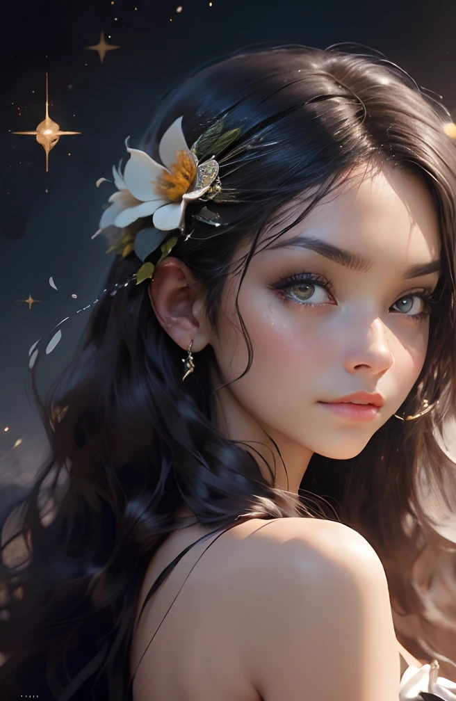 Part of Human personification/Female zodiac sign: Virgem, deusa de cabelo preto, Virgo zodiac sign symbols, Florta, deusa do amor, olhos de cor castanhos, flor, estrelas, Florerta, cabelo de cor preto, deusa da floreta/Terra