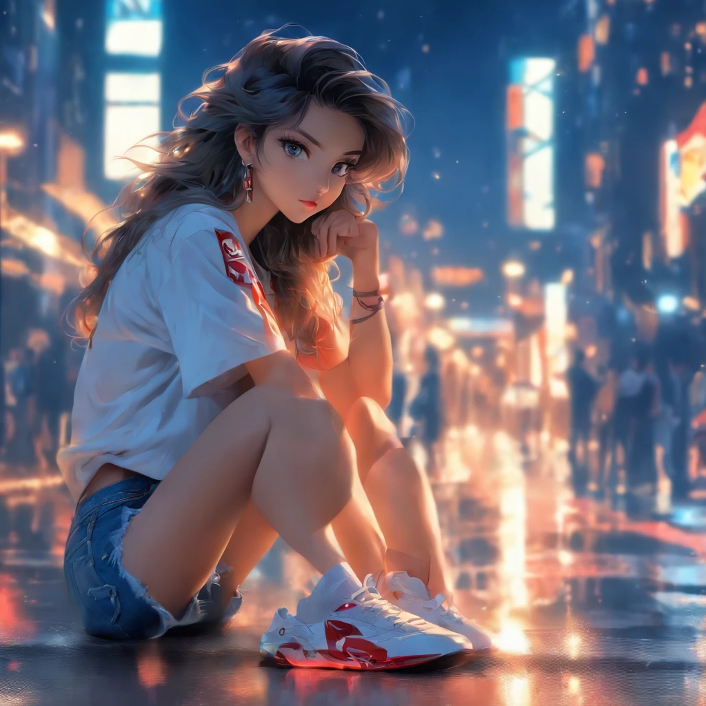 Top quality, Masterpiece, hyper HD, (Real: 1.4), Original photo, (Evening street), 1 girl, Black eyes, Looking at the audience, Long hair, Light makeup, Lips, Small ears, White T-shirt, Denim shorts, Earrings, sitting Ferrari,, Slim, Neat, park