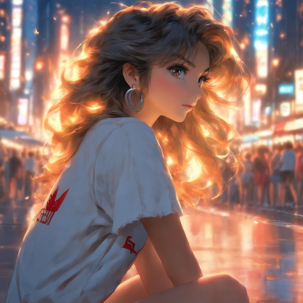 Top quality, Masterpiece, hyper HD, (Real: 1.4), Original photo, (Evening street), 1 girl, Black eyes, Looking at the audience, Long hair, Light makeup, Lips, Small ears, White T-shirt, Denim shorts, Earrings, sitting Ferrari,, Slim, Neat, park