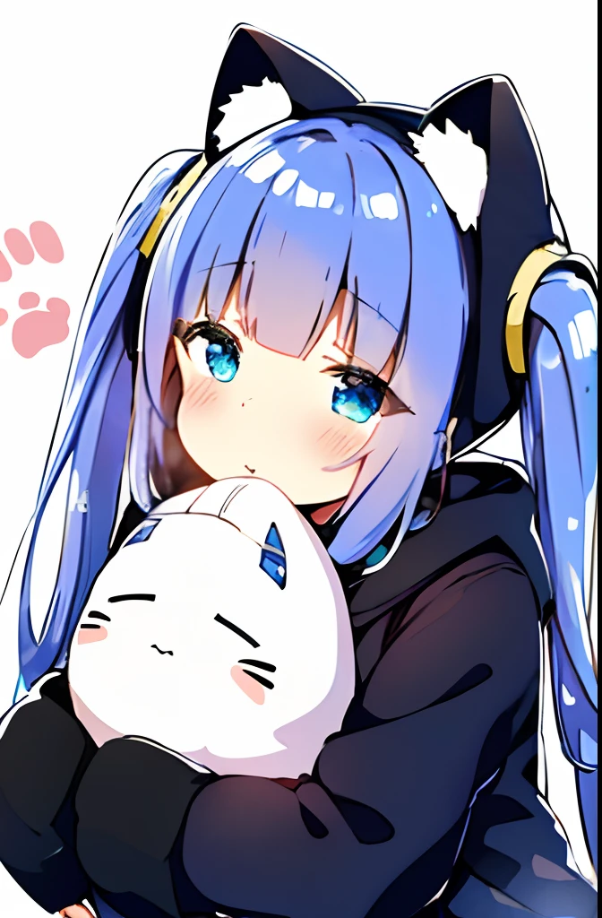 1girl, animal_ears, animal_hood, azur_lane, baozi, bird, blue_eyes, blue_hair, cat_hood, chick, closed_mouth, commentary_request, fake_animal_ears, food, highres, hood, hoodie, hug, long_hair, long_sleeves, looking_at_viewer, manjuu_(azur_lane), official_alternate_costume, paw_print, paw_print_background, sky-freedom, solo, upper_body, v, vincennes_(azur_lane), vincennes_(sweet_dreams)_(azur_lane), white_background