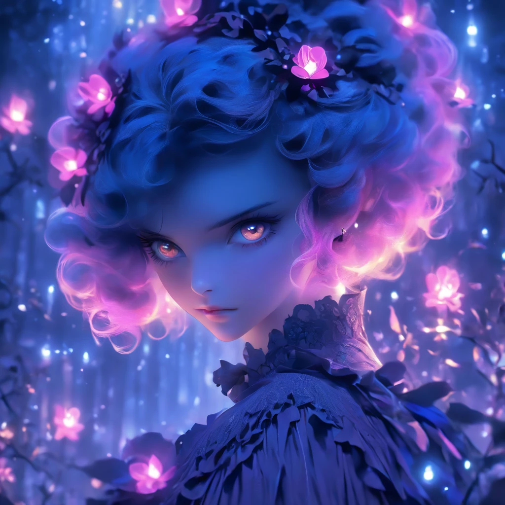 (best quality,4k,highres,masterpiece:1.2),ultra-detailed,realistic,gothic,****ta,short hair,gothic fashion,blue and purple hair,soul spells,casting spells,glowing,gothic ****ta outfit,garden backdrop,enchanted atmosphere,mystical aura,moonlit night,ethereal beauty,dark elegance,porcelain skin,piercing gaze,intense expression Delicate lace,ornate patterns,frills and ribbons, Victorian-inspired accessories,elaborate headpiece,magic sigils,powerful incantations,dancing in the moonlight,fantastical landscape,subtle shadows and highlights,deep contrast of colors,velvet cloak,midnight hues,dramatic lighting,transcendent presence,whimsical and mysterious,hauntingly beautiful fairy tale,vibrant and enchanting。