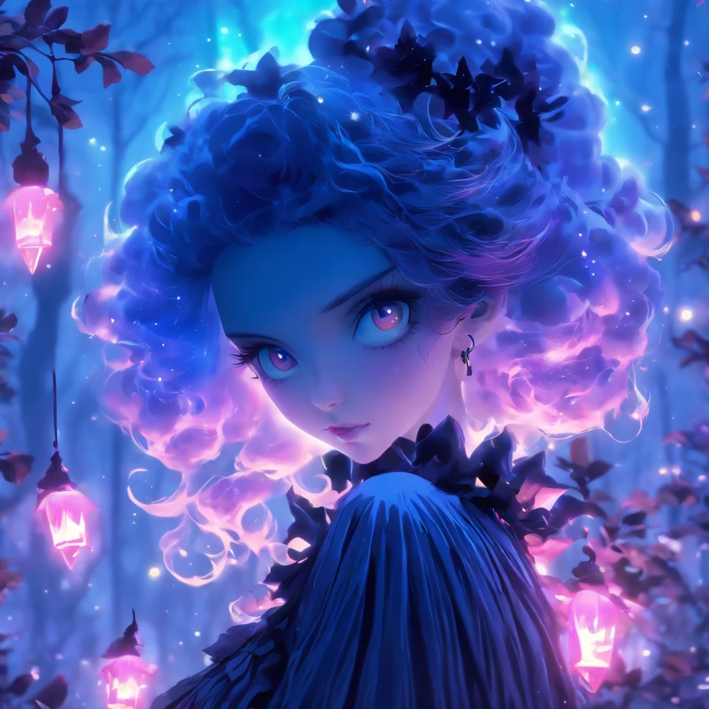(best quality,4k,highres,masterpiece:1.2),ultra-detailed,realistic,gothic,ta,short hair,gothic fashion,blue and purple hair,soul spells,casting spells,glowing,gothic loliutfit,garden backdrop,enchanted atmosphere,mystical aura,moonlit night,ethereal beauty,dark elegance,porcelain skin,piercing gaze,intense expression Delicate lace,ornate patterns,frills and ribbons, Victorian-inspired accessories,elaborate headpiece,magic sigils,powerful incantations,dancing in the moonlight,fantastical landscape,subtle shadows and highlights,deep contrast of colors,velvet cloak,midnight hues,dramatic lighting,transcendent presence,whimsical and mysterious,hauntingly beautiful fairy tale,vibrant and enchanting。