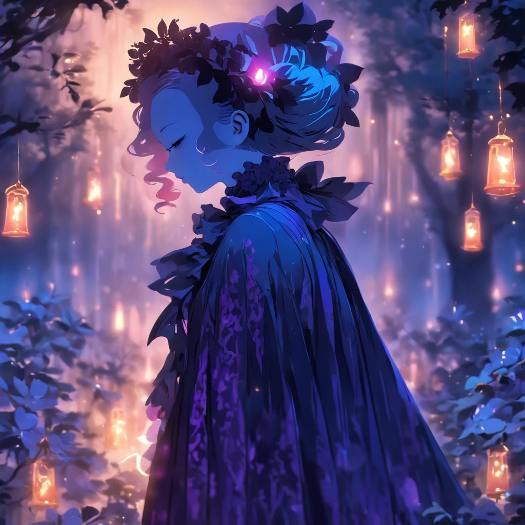 (best quality,4k,highres,masterpiece:1.2),ultra-detailed,realistic,gothic,lolita,short hair,gothic fashion,blue and purple hair,soul spells,casting spells,glowing,gothic lolita outfit,garden backdrop,enchanted atmosphere,mystical aura,moonlit night,ethereal beauty,dark elegance,porcelain skin,piercing gaze,intense expression Delicate lace,ornate patterns,frills and ribbons, Victorian-inspired accessories,elaborate headpiece,magic sigils,powerful incantations,dancing in the moonlight,fantastical landscape,subtle shadows and highlights,deep contrast of colors,velvet cloak,midnight hues,dramatic lighting,transcendent presence,whimsical and mysterious,hauntingly beautiful fairy tale,vibrant and enchanting。