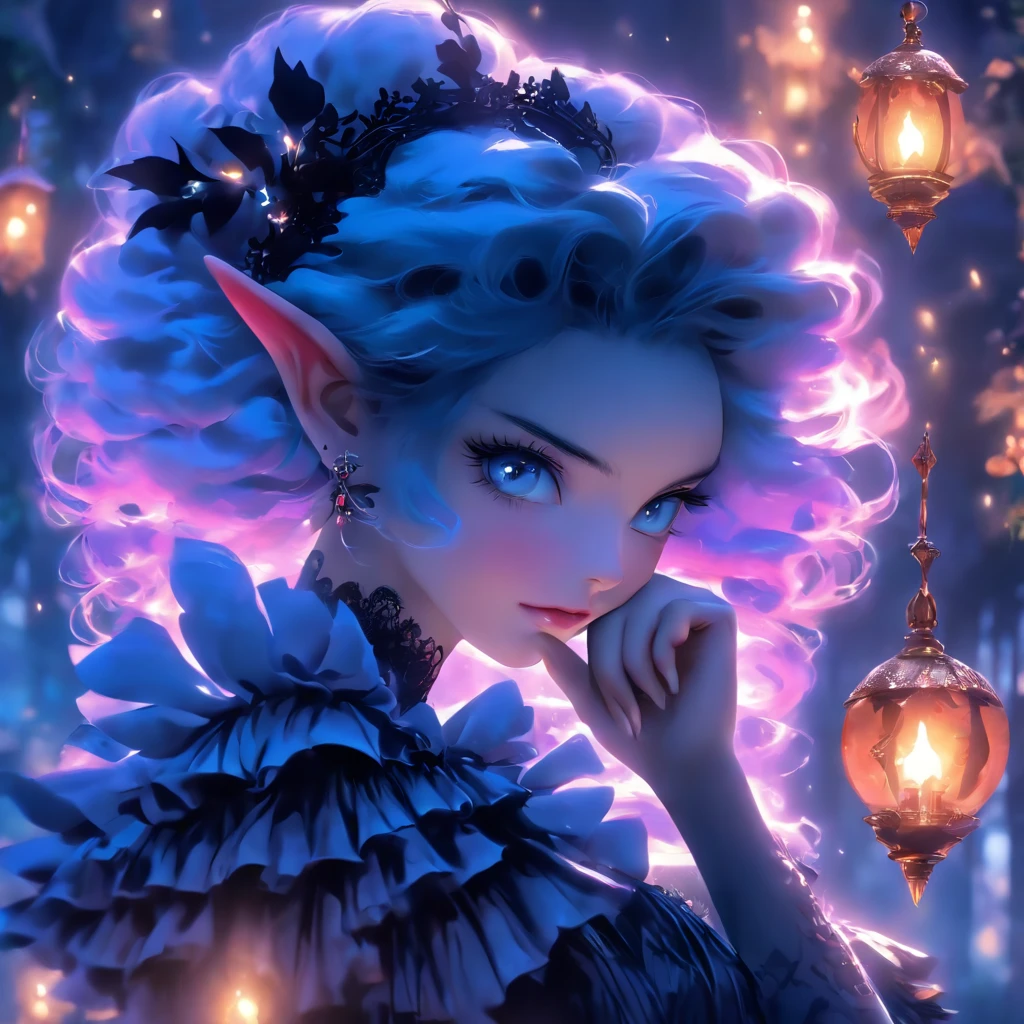 (best quality,4k,highres,masterpiece:1.2),ultra-detailed,realistic,gothic,lolita,short hair,gothic fashion,blue and purple hair,soul spells,casting spells,glowing,gothic lolita outfit,garden backdrop,enchanted atmosphere,mystical aura,moonlit night,ethereal beauty,dark elegance,porcelain skin,piercing gaze,intense expression Delicate lace,ornate patterns,frills and ribbons, Victorian-inspired accessories,elaborate headpiece,magic sigils,powerful incantations,dancing in the moonlight,fantastical landscape,subtle shadows and highlights,deep contrast of colors,velvet cloak,midnight hues,dramatic lighting,transcendent presence,whimsical and mysterious,hauntingly beautiful fairy tale,vibrant and enchanting。