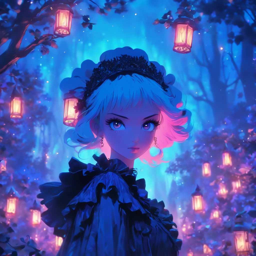(best quality,4k,highres,masterpiece:1.2),ultra-detailed,realistic,gothic,ta,short hair,gothic fashion,blue and purple hair,soul spells,casting spells,glowing,gothic loliutfit,garden backdrop,enchanted atmosphere,mystical aura,moonlit night,ethereal beauty,dark elegance,porcelain skin,piercing gaze,intense expression Delicate lace,ornate patterns,frills and ribbons, Victorian-inspired accessories,elaborate headpiece,magic sigils,powerful incantations,dancing in the moonlight,fantastical landscape,subtle shadows and highlights,deep contrast of colors,velvet cloak,midnight hues,dramatic lighting,transcendent presence,whimsical and mysterious,hauntingly beautiful fairy tale,vibrant and enchanting。