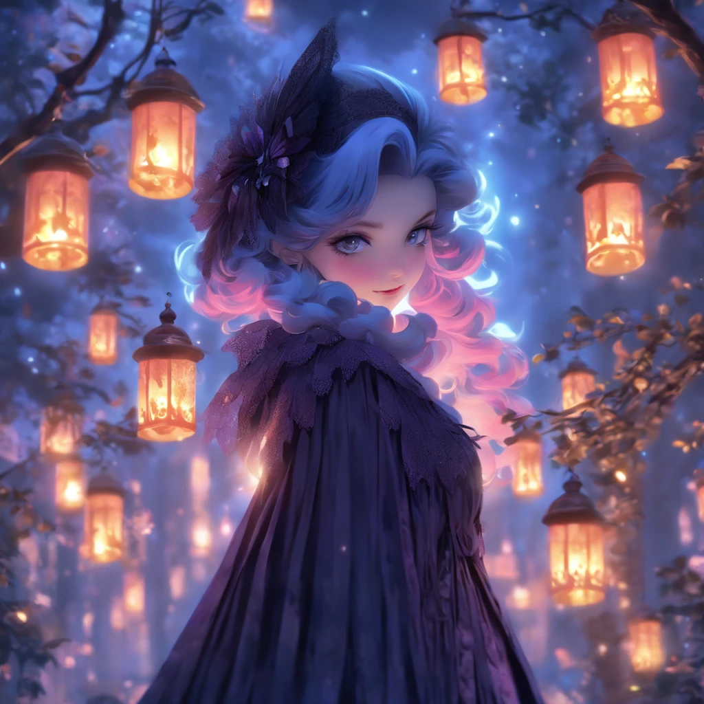 (best quality,4k,highres,masterpiece:1.2),ultra-detailed,realistic,gothic,ta,short hair,gothic fashion,blue and purple hair,soul spells,casting spells,glowing,gothic loliutfit,garden backdrop,enchanted atmosphere,mystical aura,moonlit night,ethereal beauty,dark elegance,porcelain skin,piercing gaze,intense expression Delicate lace,ornate patterns,frills and ribbons, Victorian-inspired accessories,elaborate headpiece,magic sigils,powerful incantations,dancing in the moonlight,fantastical landscape,subtle shadows and highlights,deep contrast of colors,velvet cloak,midnight hues,dramatic lighting,transcendent presence,whimsical and mysterious,hauntingly beautiful fairy tale,vibrant and enchanting。