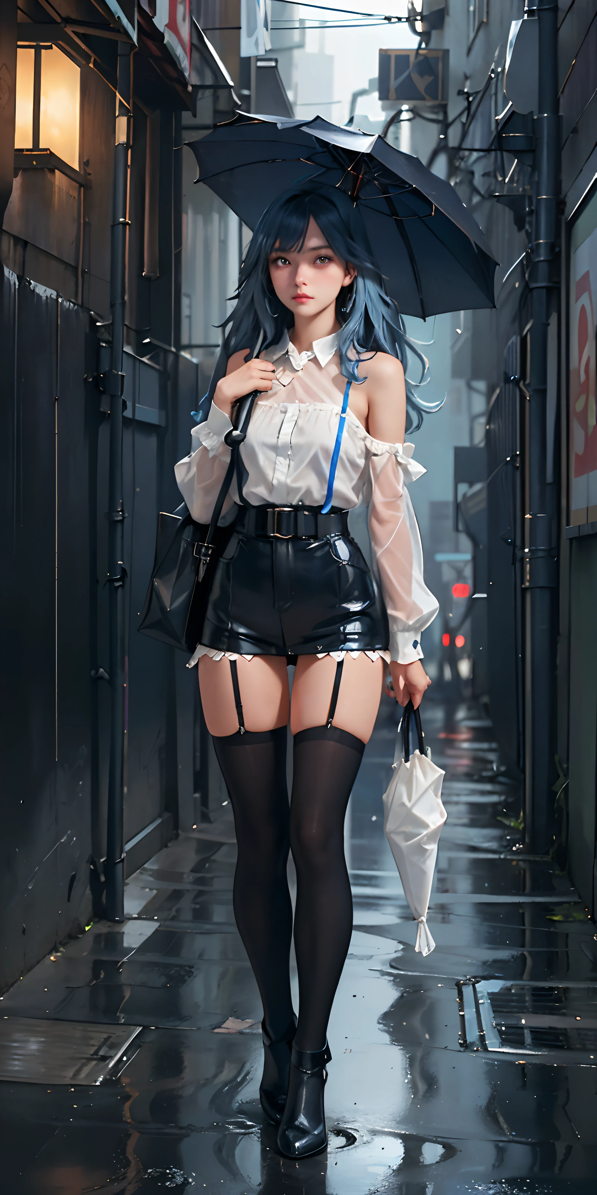 (best quality, masterpiece: 1.3), 1girl, rainy day, fog, alley, umbrella holding, large and transparent umbrella, looking at the viewer, blue hair, facing the photo, cyberpunk city, alone in the alley, neon in the alley, very reflective city, long hair, sized strands going over the alley, bars, Japan, Tokyo, garter belt on one leg, knee pad on the other leg, perfect hand, delicate, night