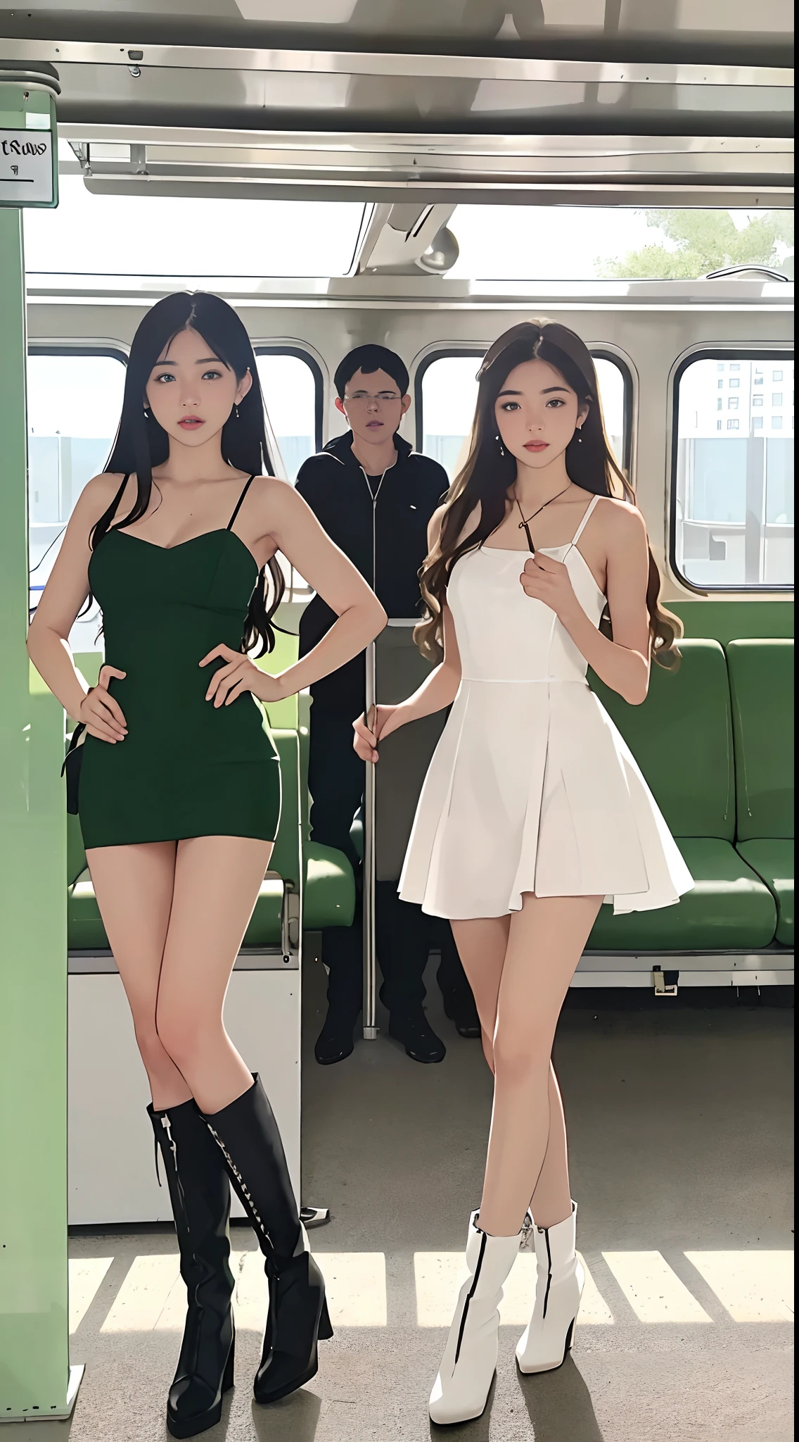 Wow,Tracking,Realistic,Painting,Detailed face,, Cinematic Light, Full body nude、Red Boots、crowded train、Surrounded by schoolchildren、