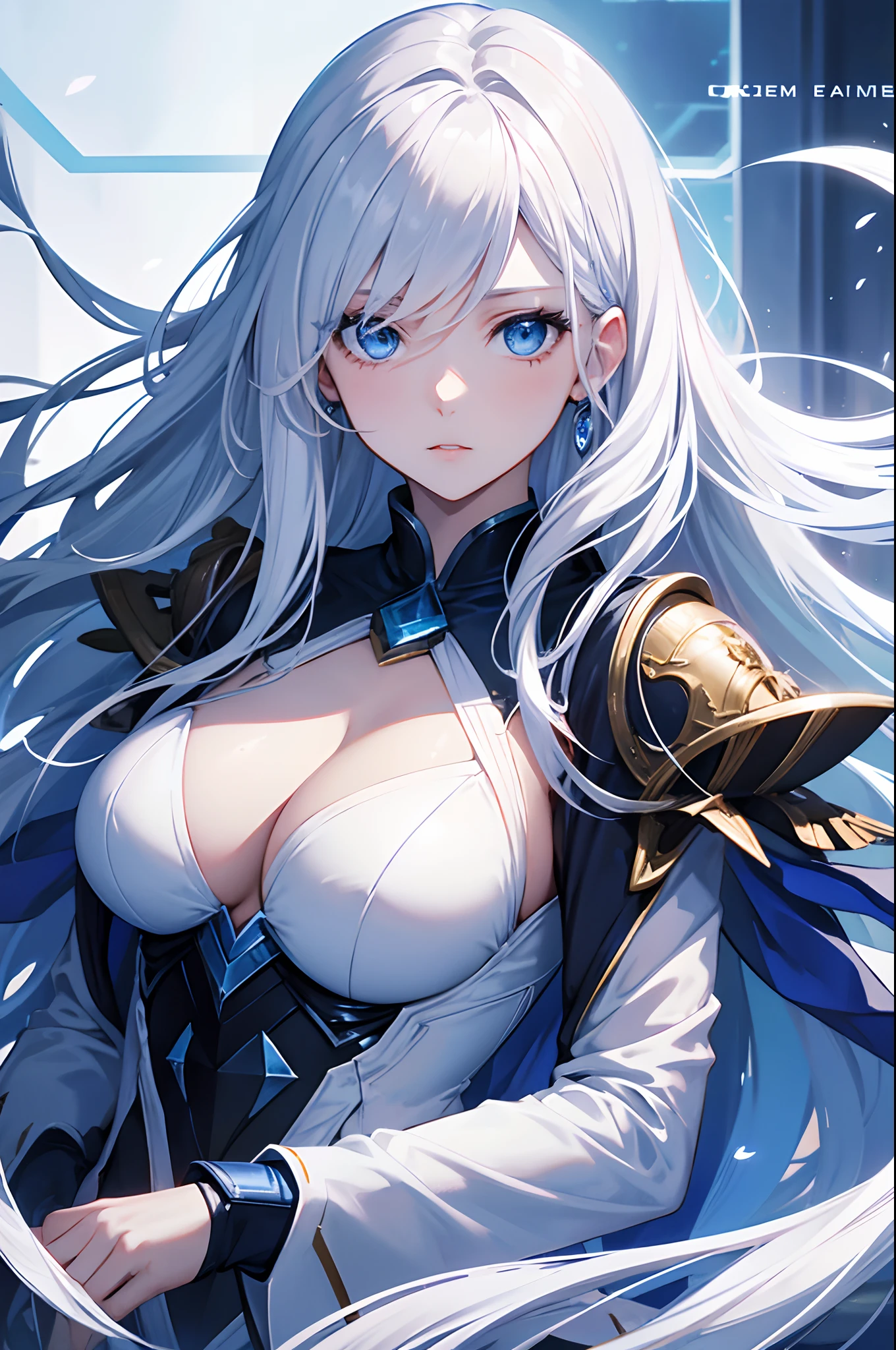 Cover magazine, anime, woman, solo, long hair, white hair, blue eyes, model, beautiful, half body potrait, fantasy, ice