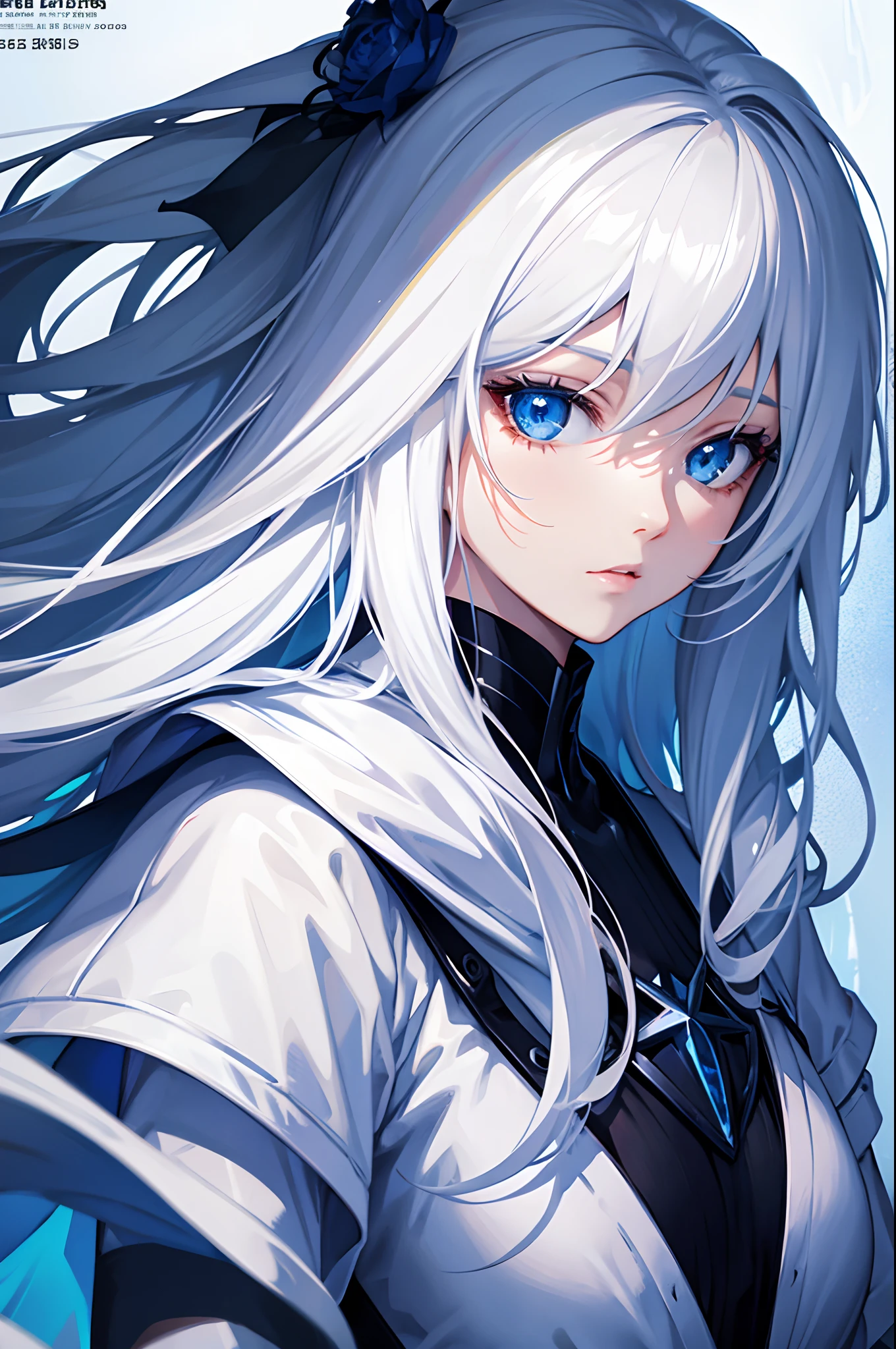 Cover magazine, anime, woman, solo, long hair, white hair, blue eyes, model, beautiful, half body potrait, fantasy, ice