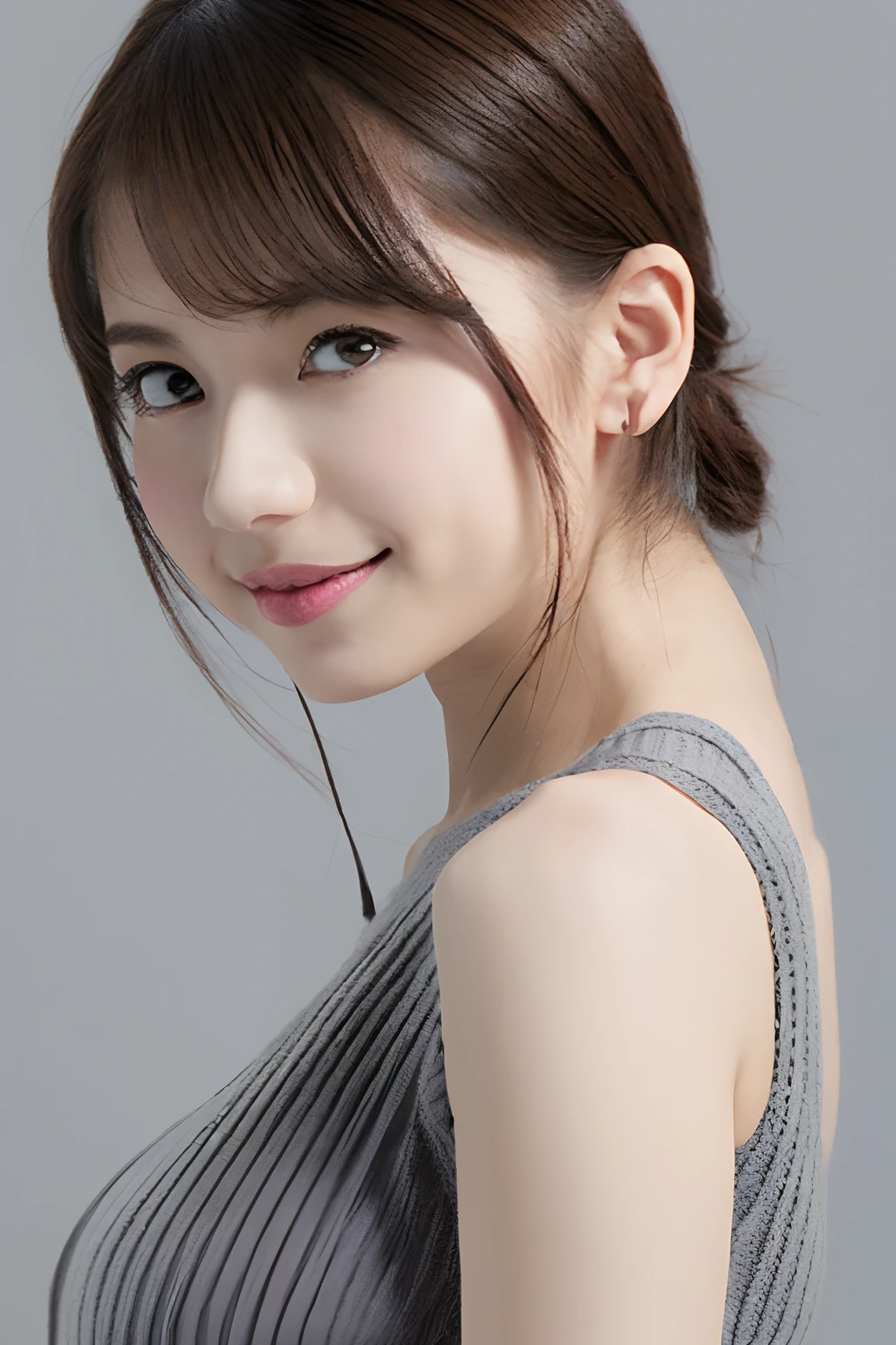top-quality、Drawn details、(Put your face and upper body in:2)、masterpiece、超A high resolution、(Realistic:1.4)、Raw photo、(Beautiful fece:1.5)、cute little、Smile、(Brown medium hair:2)、女の子1人、(firm breasts, Huge breasts:1.5)、(fair and clean skin:1.7)、(A slender:1.5)、(thin waist, Thin arms, thin neck, thin shoulders:1.5)、(Dress、Sleeveless、knit、Gray:1.5)、BREAK (simple gradation background、Gray:1.5)、(flat lighting、Soft lighting:1.3)