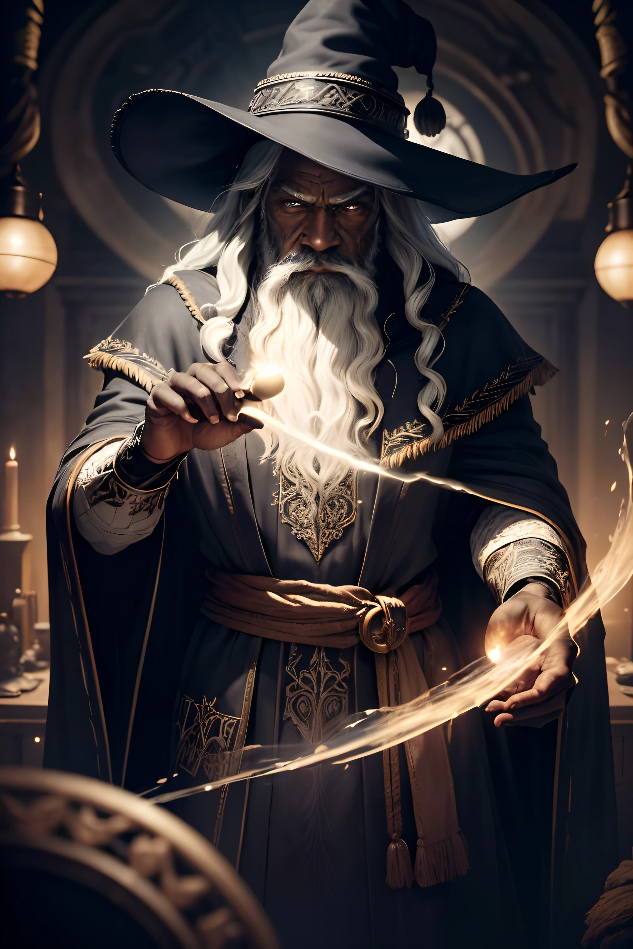 (Masterpiece: 1.2), (Best Quality), Detailed, UHD, Cinematic Lighting, Sharp Focus, (illustration: 1.1), Intricate, Old Wizard (black skin) (dark skin) (black skin color) with long white hair and beard, wearing a wizard's robe and hat, pondering a glowing orb, in a dimly lit room, magician's room, bright lights, flashing lights,