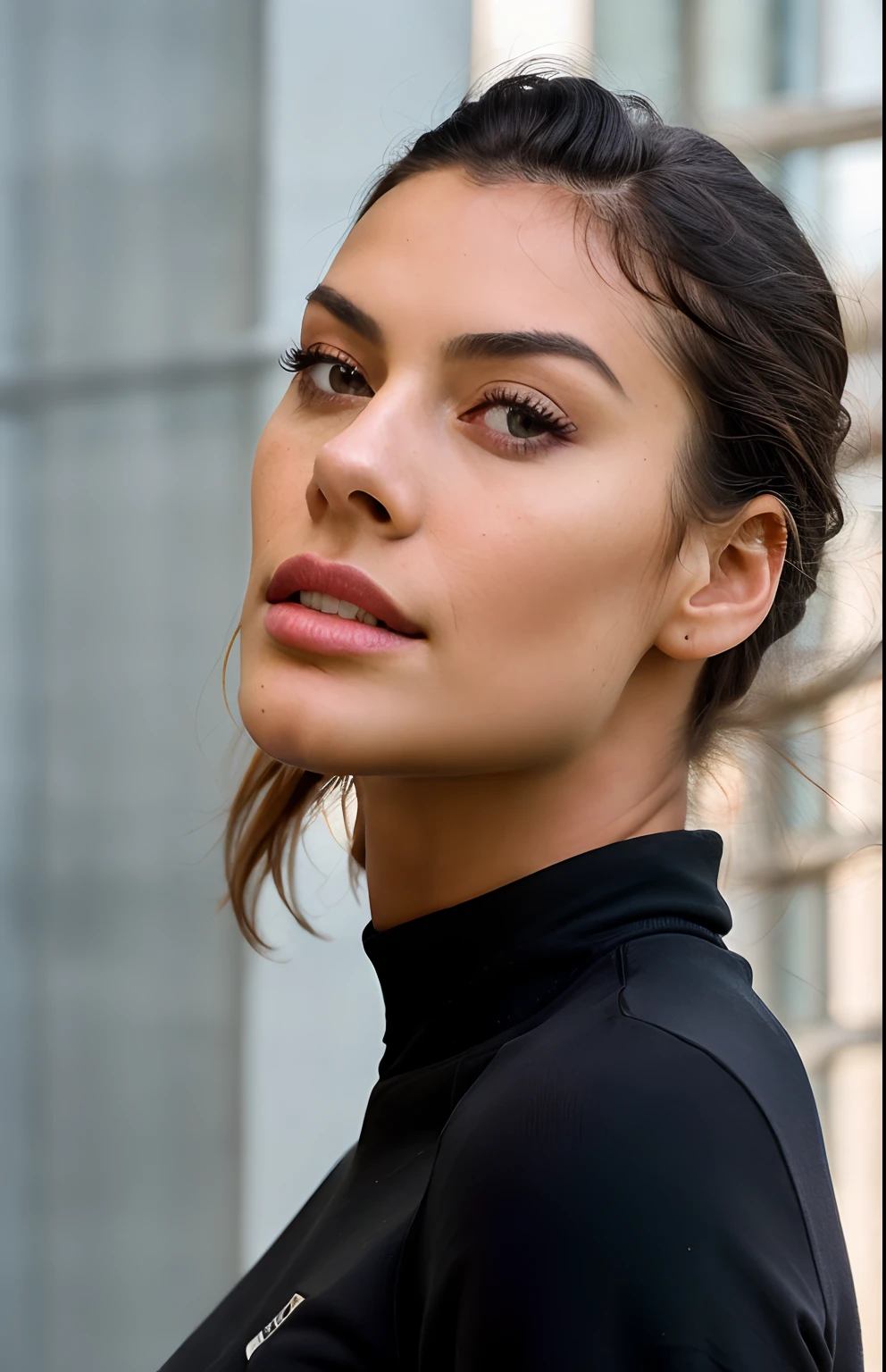 high angle photo of a gorgeous young woman in the style of stefan kostic,abs,  realistic skin texture, looks up,black sweatshirt, 1 / 2 body crop, 8 5 mm art lens, f 1. 2, sharp focus, 8 k high definition, insanely detailed, intricate, elegant, art by stanley lau and artgerm