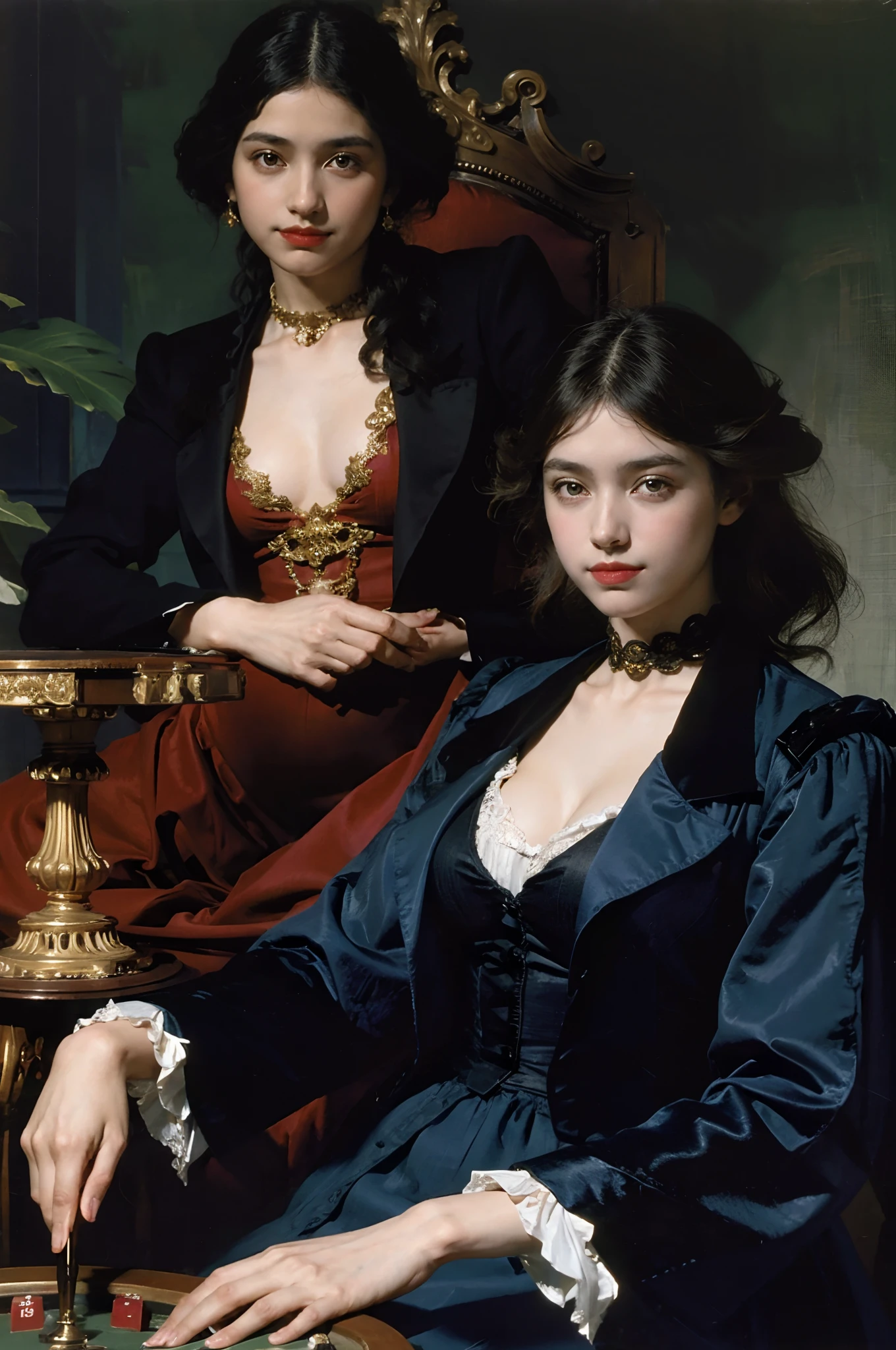 (two women:1.3),two very beautiful women in 19th century reveals translucent casino suits, fashionable, sitting with elegant in a roulette table