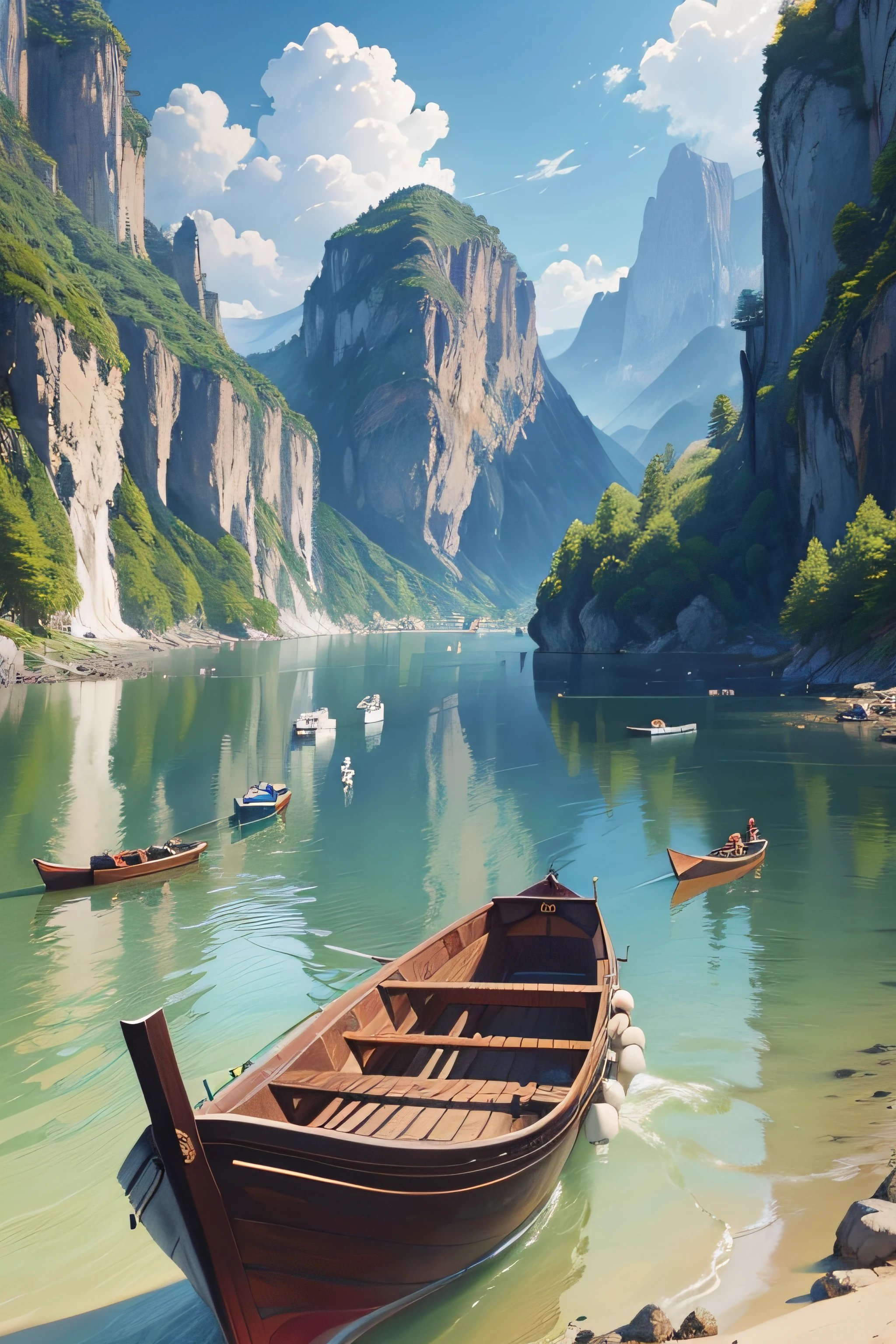 There were five people in a boat on the water, 3 boat in river, a beautiful artwork illustration, landscape illustration, author：Yi Renwen, 4 k hd wallpaper illustration, background artwork, mobile wallpaper, serene illustration, scenery artwork, full page illustration, colored illustration, vibrant tourism poster, mobile game background, background art, poster illustration, 4 k hd illustrative wallpaper