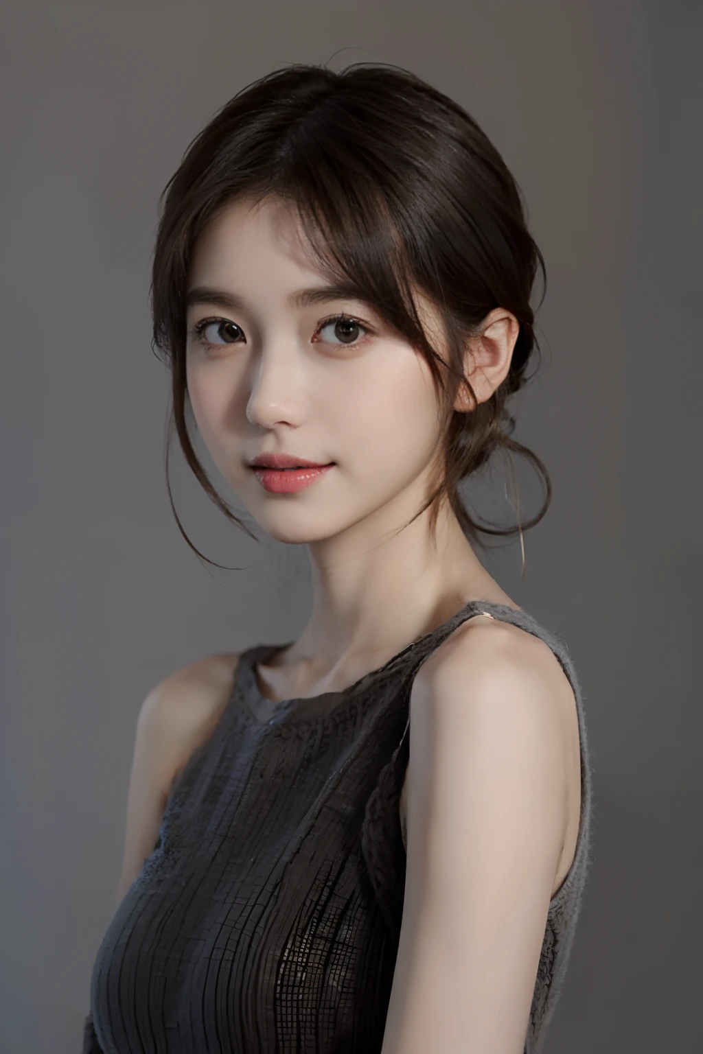 top-quality、Drawn details、(Put your face and upper body in:2)、masterpiece、超A high resolution、(Realistic:1.4)、Raw photo、(Beautiful fece:1.5)、cute little、Smile、(Brown medium hair:2)、女の子1人、(firm breasts, Huge breasts:1.5)、(fair and clean skin:1.7)、(A slender:1.5)、(thin waist, Thin arms, thin neck, thin shoulders:1.5)、(Dress、Sleeveless、knit、Gray:1.5)、BREAK (simple gradation background、Gray:1.5)、(flat lighting、Soft lighting:1.3)