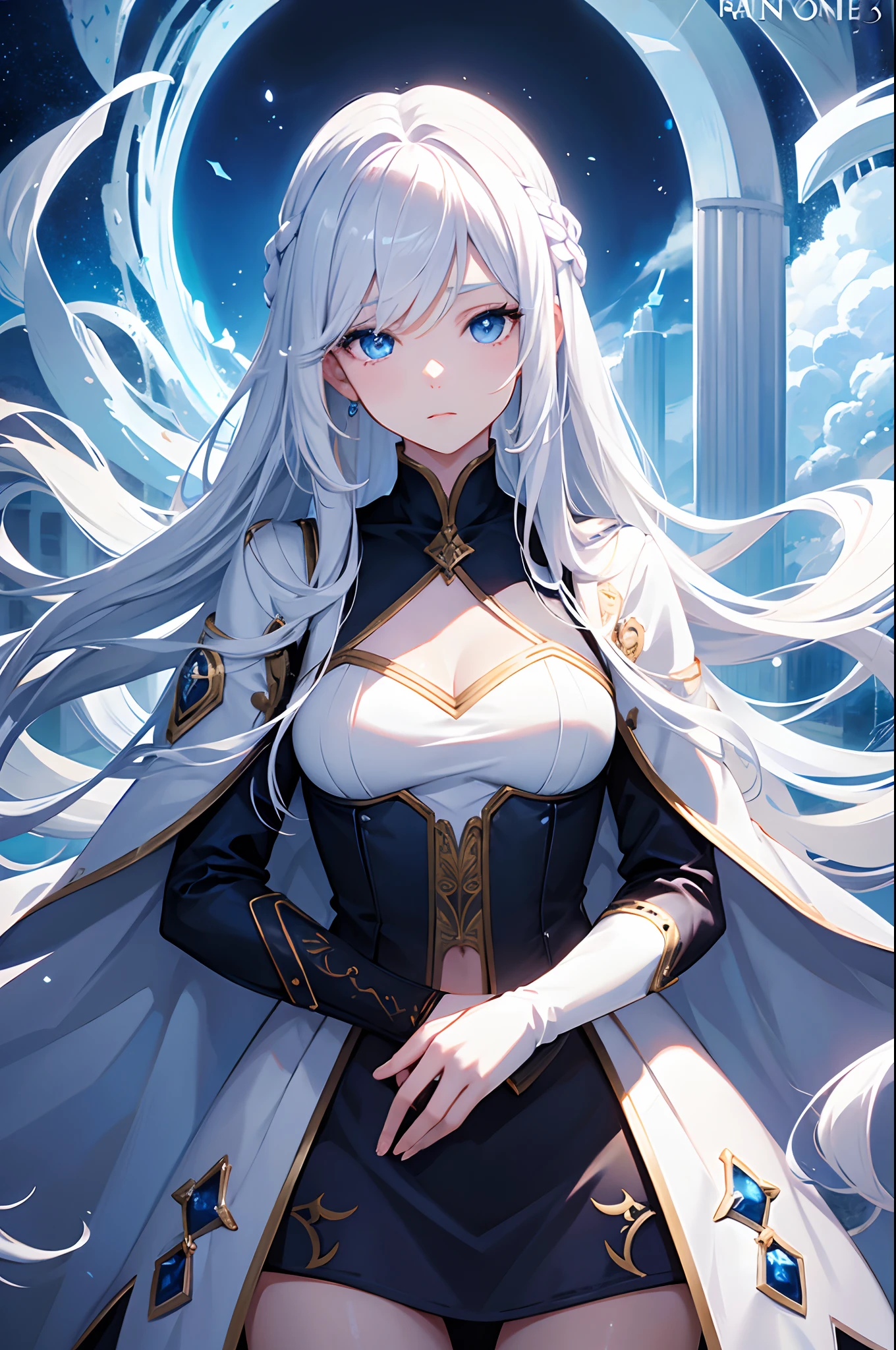 Cover magazine, anime, woman, solo, long hair, white hair, blue eyes, model, beautiful, half body potrait, fantasy, ice