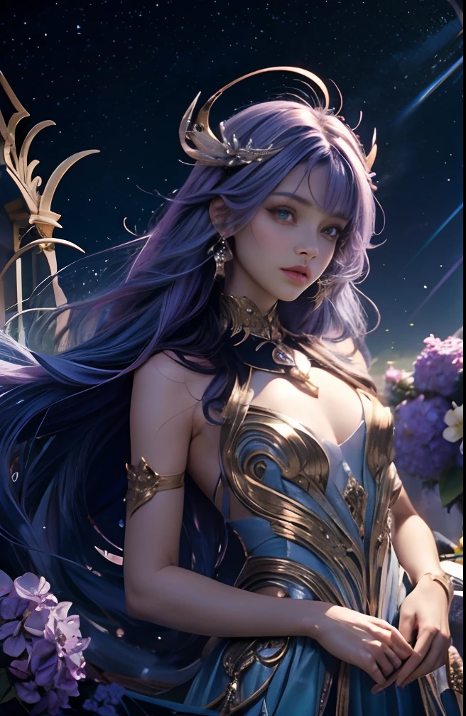 Part of Human personification/Female zodiac sign: CAPRICORNIO, deusa de cabelo preto, Capricorn zodiac sign symbols, Florta, deusa do amor, olhos de cor azul, flor, estrelas, Florerta, lilac colored hair/vermelho, deusa da floreta/Terra, luz, terra e flor, Sparks and light, flor, estrelas, zodiac symbol, Zodiac Sign, Sign of Capricorn