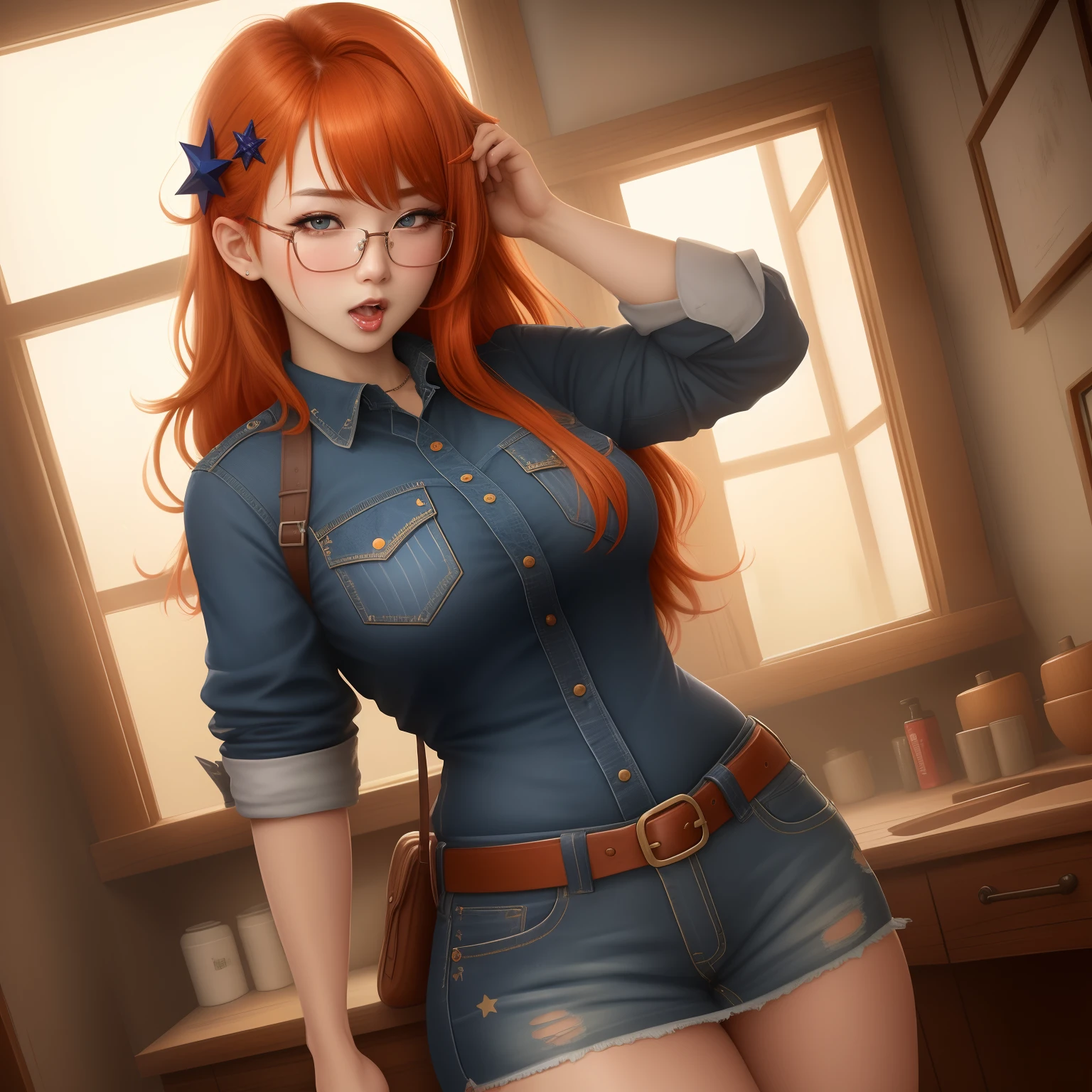 8k, masterpiece, best quality, realistic, higly detailed, cowboy shot, 1girl, solo, itsuki, serious looking girl, medium-length hair, expressive ahoge, reddish-orange hair, a pair of star-shaped hairpins near both of her eyes, dark blue eyes, average height, well-endowed figure, glasses, cute, ahegao