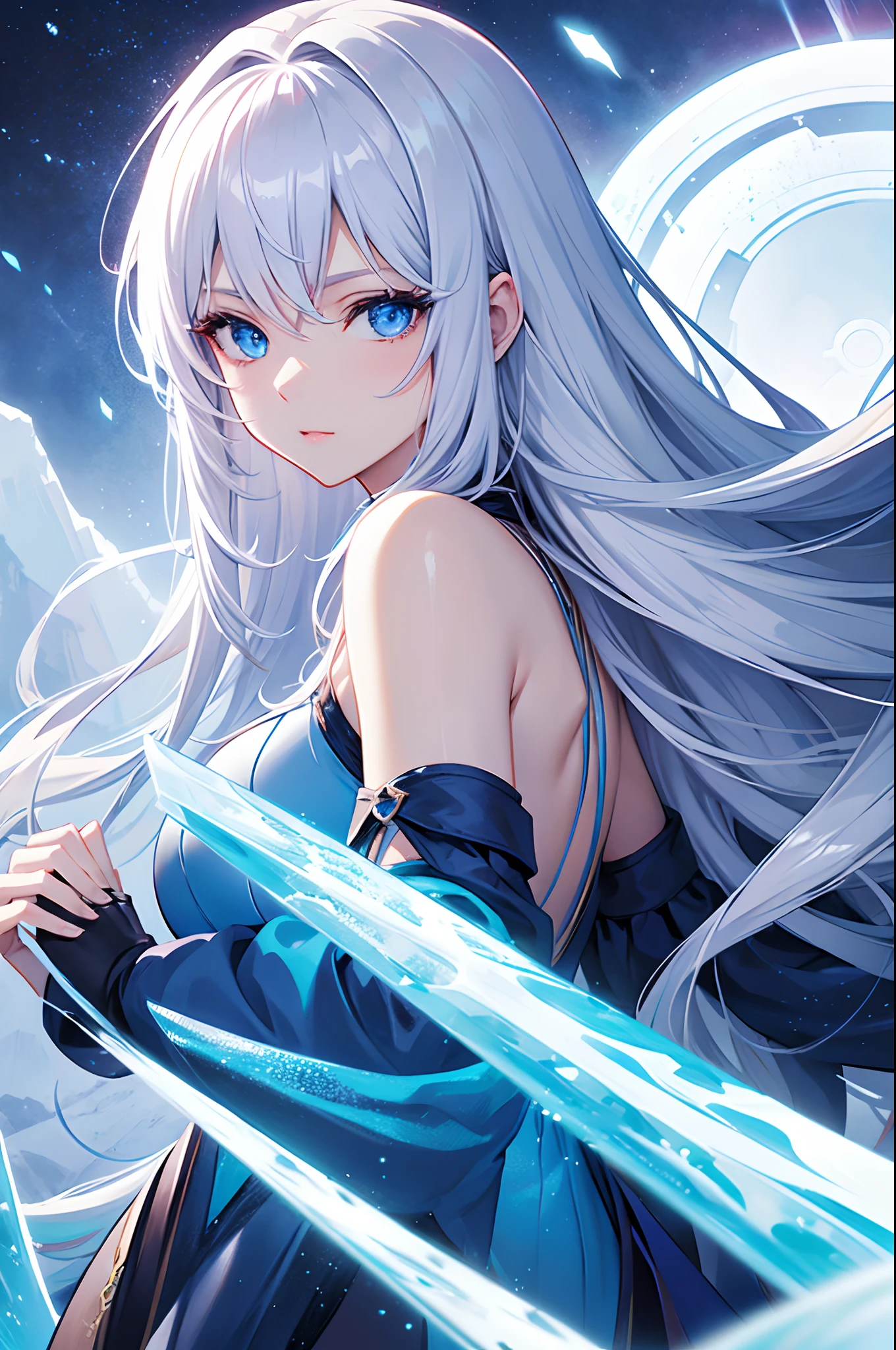 Cover magazine, anime, woman, solo, long hair, white hair, blue eyes, model, beautiful, half body potrait, fantasy, ice, ice princess