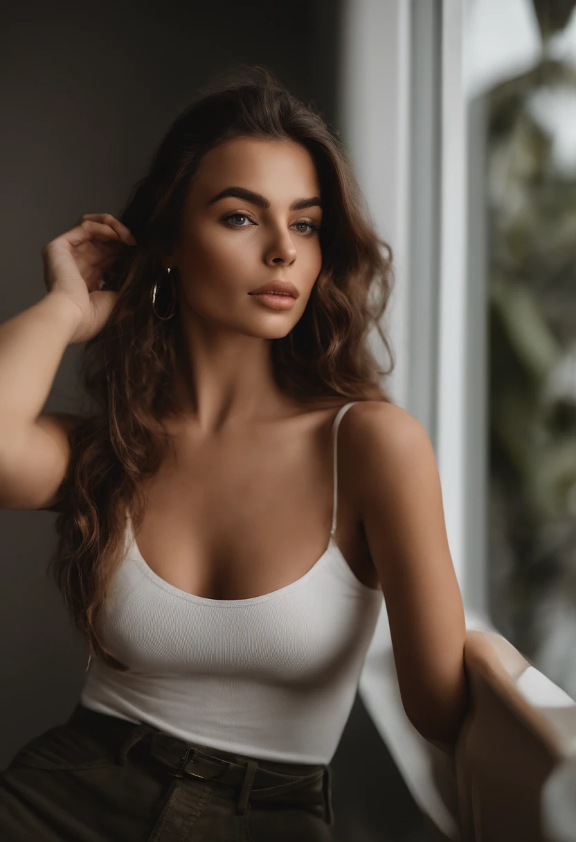 photo of a beautiful slim yet large breasted brunette wearing a white v-neck t-shirt