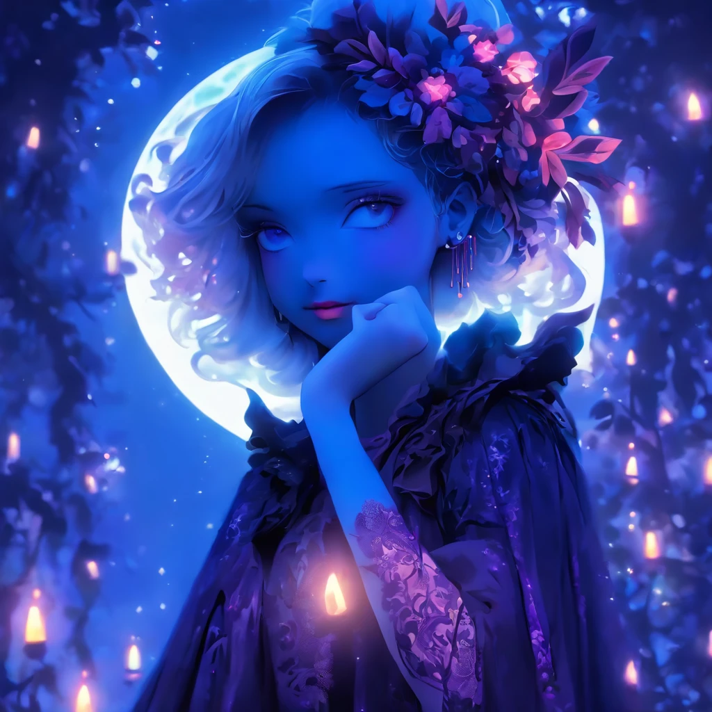 (best quality,4k,highres,masterpiece:1.2),ultra-detailed,realistic,gothic,ta, very short shaved short hair,gothic fashion,blue and purple hair,soul spells,casting spells,glowing,gothic loliutfit,garden backdrop,enchanted atmosphere,mystical aura,moonlit night,ethereal beauty,dark elegance,porcelain skin,piercing gaze,intense expression Delicate lace,ornate patterns,frills and ribbons, Victorian-inspired accessories,elaborate headpiece,magic sigils,powerful incantations,dancing in the moonlight,fantastical landscape,subtle shadows and highlights,deep contrast of colors,velvet cloak,midnight hues,dramatic lighting,transcendent presence,whimsical and mysterious,hauntingly beautiful fairy tale,vibrant and enchanting。