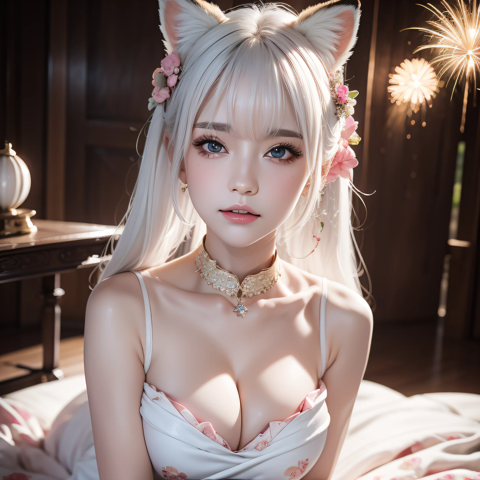 Miss Fox Demon，T-shirt wraps around your neck，High collar、High collar、High collar、High collar、High collar、High collar、Fox Devil Fox Years White Hair Girl，You can overlook the night view of Chang'an，Sexy and feminine，sit pose，Fluffy fox ears，fox tails，No ears，reddish tones，Gorgeous fireworks background，Pink floral maxi dress，The beauty of fox ears alone，Cover chest，Clan girls，Fox's eye，Enchanted，Charming， K， best qualtiy， tmasterpiece， 2females， ， Raised sexy， Highly detailed face and eyes， professional make up， ，， glow blue eyes，White-haired girl with fox ears