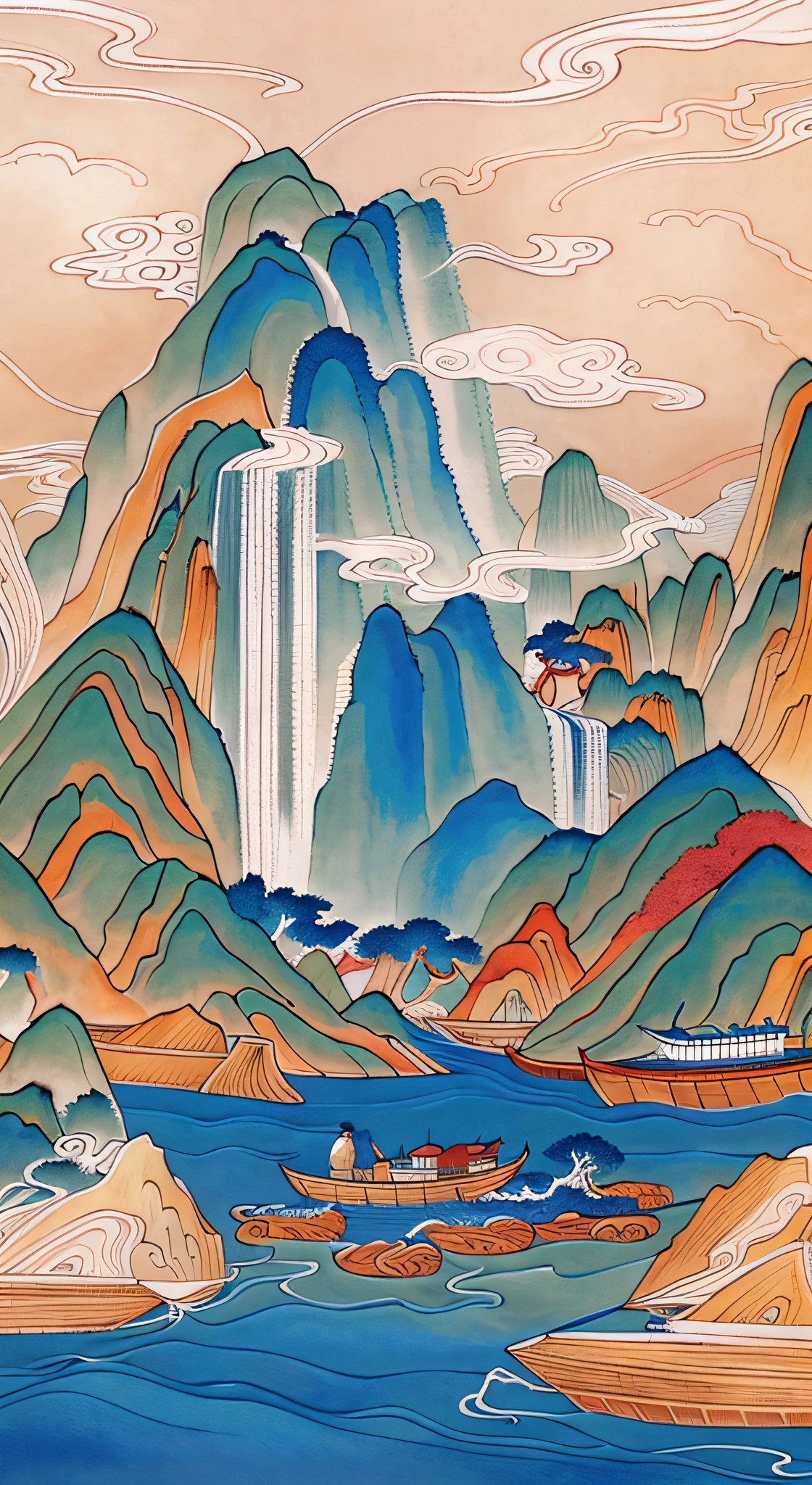Ancient Chinese landscape, a Monkey King, ancient buildings, pavilions, carved beams and paintings, beautiful mountains and waters, inspired by Jin Yong martial arts, sunshine, ink painting style, clean colors, decisive cutting, white space, freehand, masterpiece, super detailed, epic composition, high quality, highest quality, Pixar style, supersaturated, surreal, artgerm --v 6