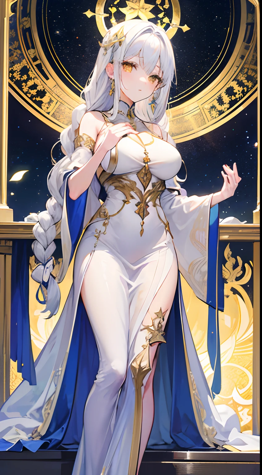 A beautiful dress with beautiful embroidery,(masterpiece, Highest quality, Highest quality, Official Art, beautifully、beautiful:1.2), (One person), Very detailed,chic,((Beautiful fantasy empress)), Most detailed, Perfect Face, High resolution, Impressive visuals, Vibrant colors,Saggy breasts, Huge breasts,Cleavage,Swept-apart bangs,Long Hair,blonde,Mature Woman,A portrait of an anime goddess wearing a beautiful embroidered dress,Golden embroidery on white cloth,beautifully優雅な女王, Beautiful Heavenly Magician, Starry sky background,milky way,,Milky Way,nebula,Extremely beautiful starry sky,Moon Goddess,Mature Woman,Very long eyelashes,Slit eyes,Beautiful Eyes,